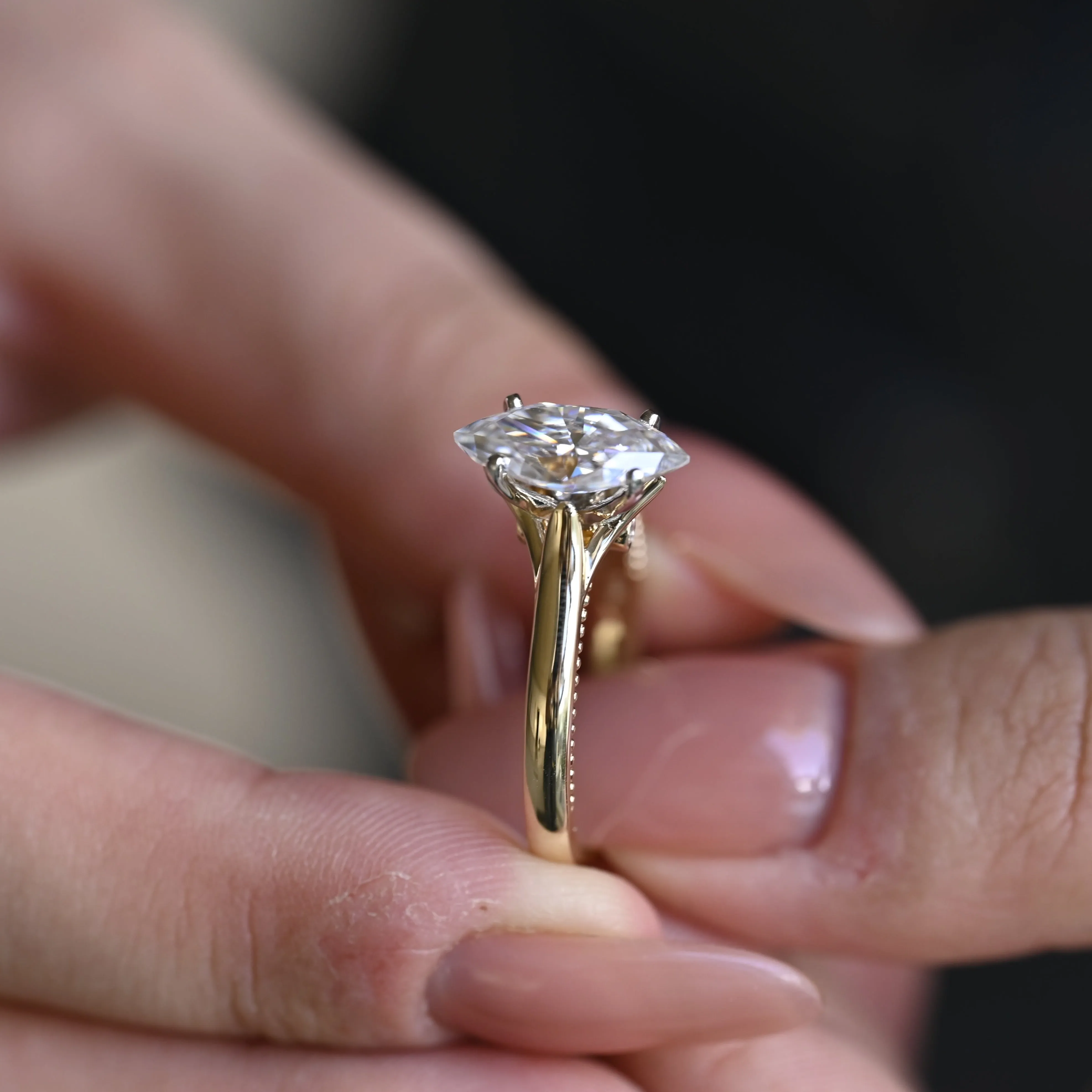 Two Tone Solid Gold Marquise Cut Moissanite Engagement Ring, Solitaire Promise Ring, Gift for Women Wife sold by Causyou product image thumbnail 4