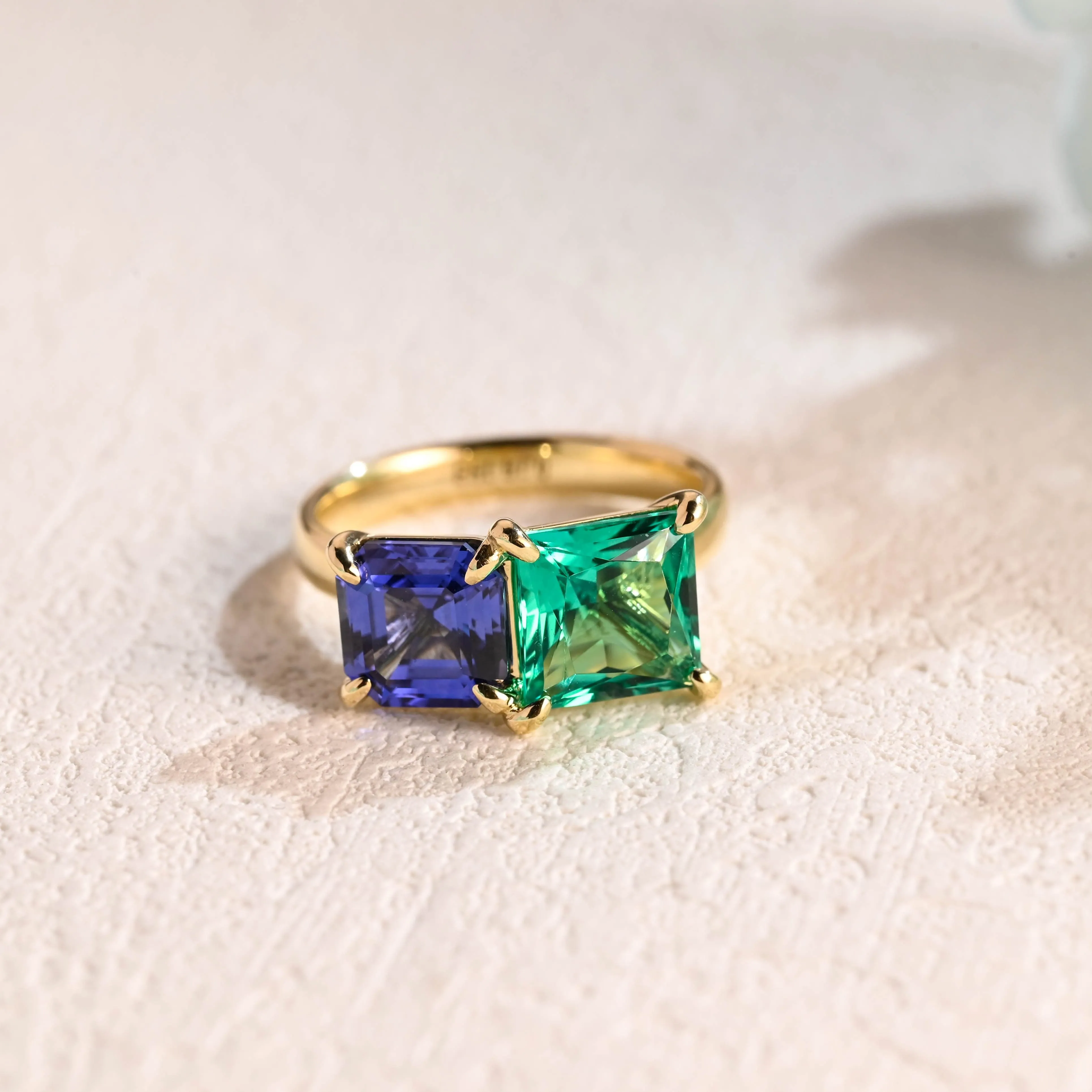 Solid Gold Toi Et Moi Ring, Lab Grown Princess Cut Emerald & Asscher Cut Sapphire Engagement Ring, Promise Ring sold by Causyou