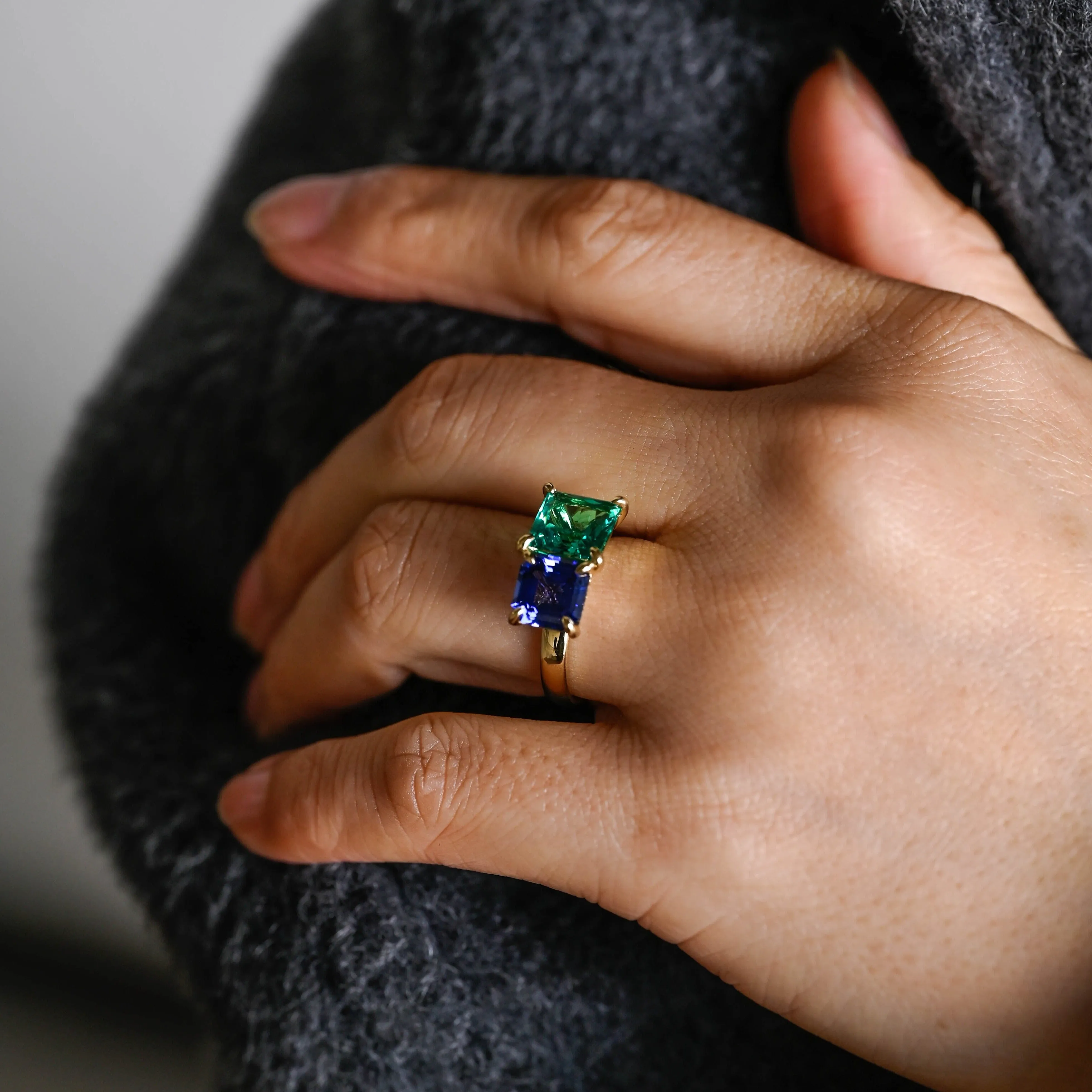 Solid Gold Toi Et Moi Ring, Lab Grown Princess Cut Emerald & Asscher Cut Sapphire Engagement Ring, Promise Ring sold by Causyou product image thumbnail 5