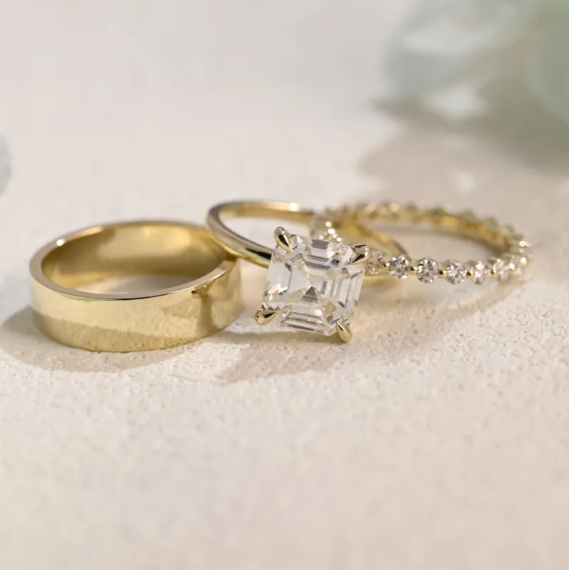 Solid Gold Asscher Cut Moissanite Engagement Ring and Wedding Ring Set, Bridal Ring Set for Woman Wife sold by Causyou