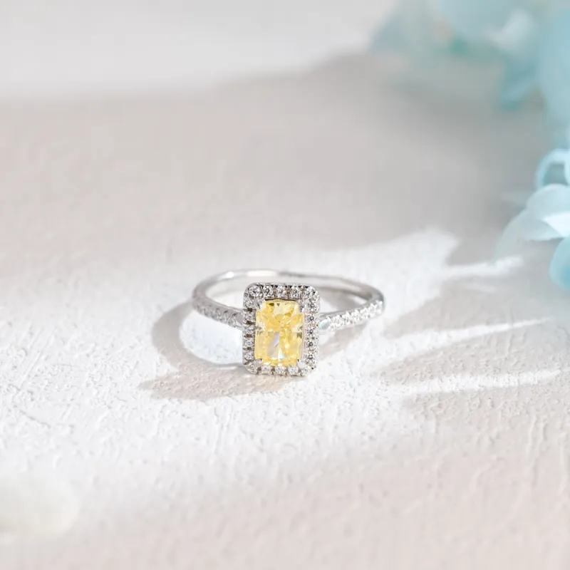 Solid Gold Halo Radiant Cut Yellow Moissanite Engagement Ring made by Causyou