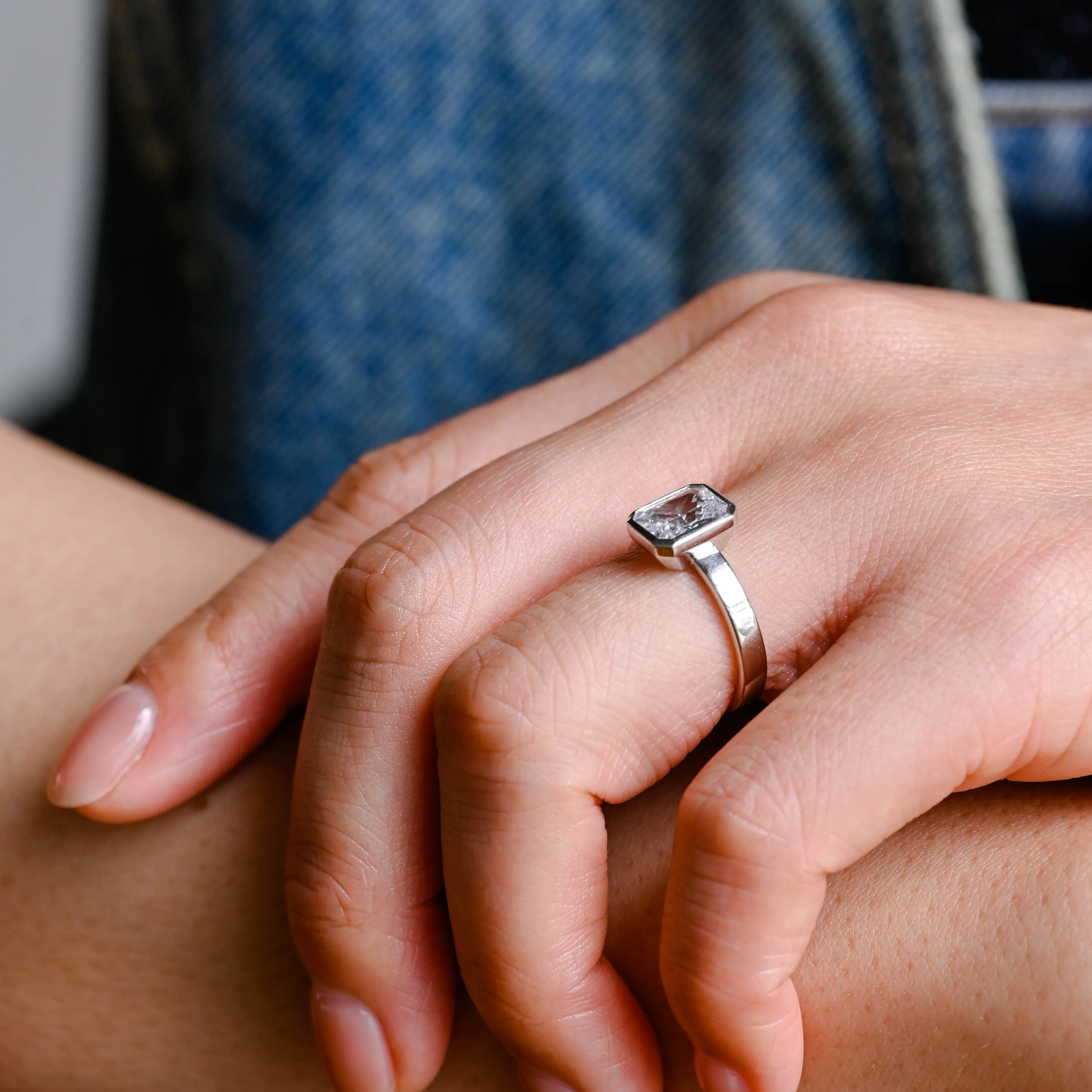 Solid Gold Solitaire Bezel 3mm Width Radiant Cut Moissanite Engagement Ring sold by Causyou product image thumbnail 4