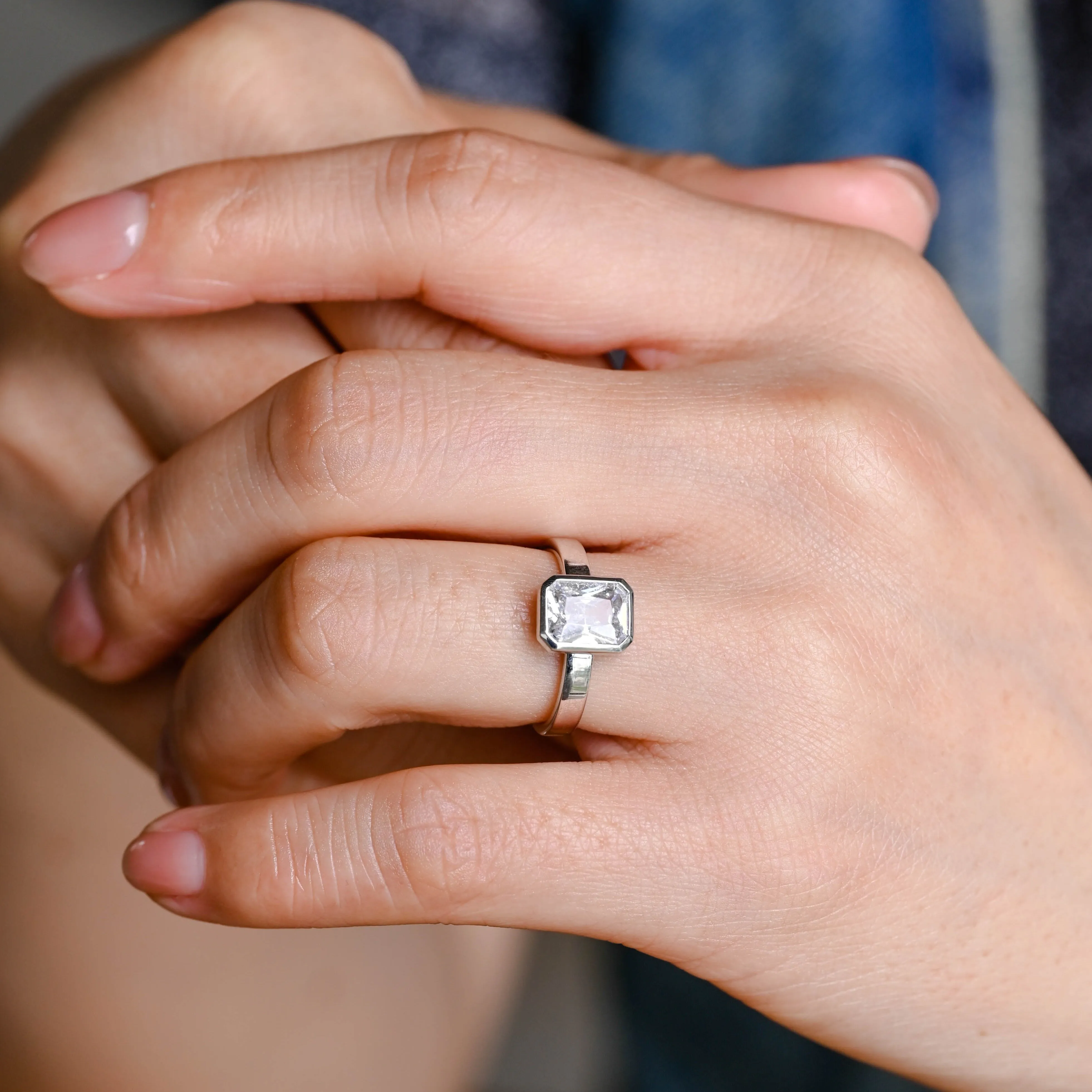 Solid Gold Solitaire Bezel 3mm Width Radiant Cut Moissanite Engagement Ring sold by Causyou product image thumbnail 3