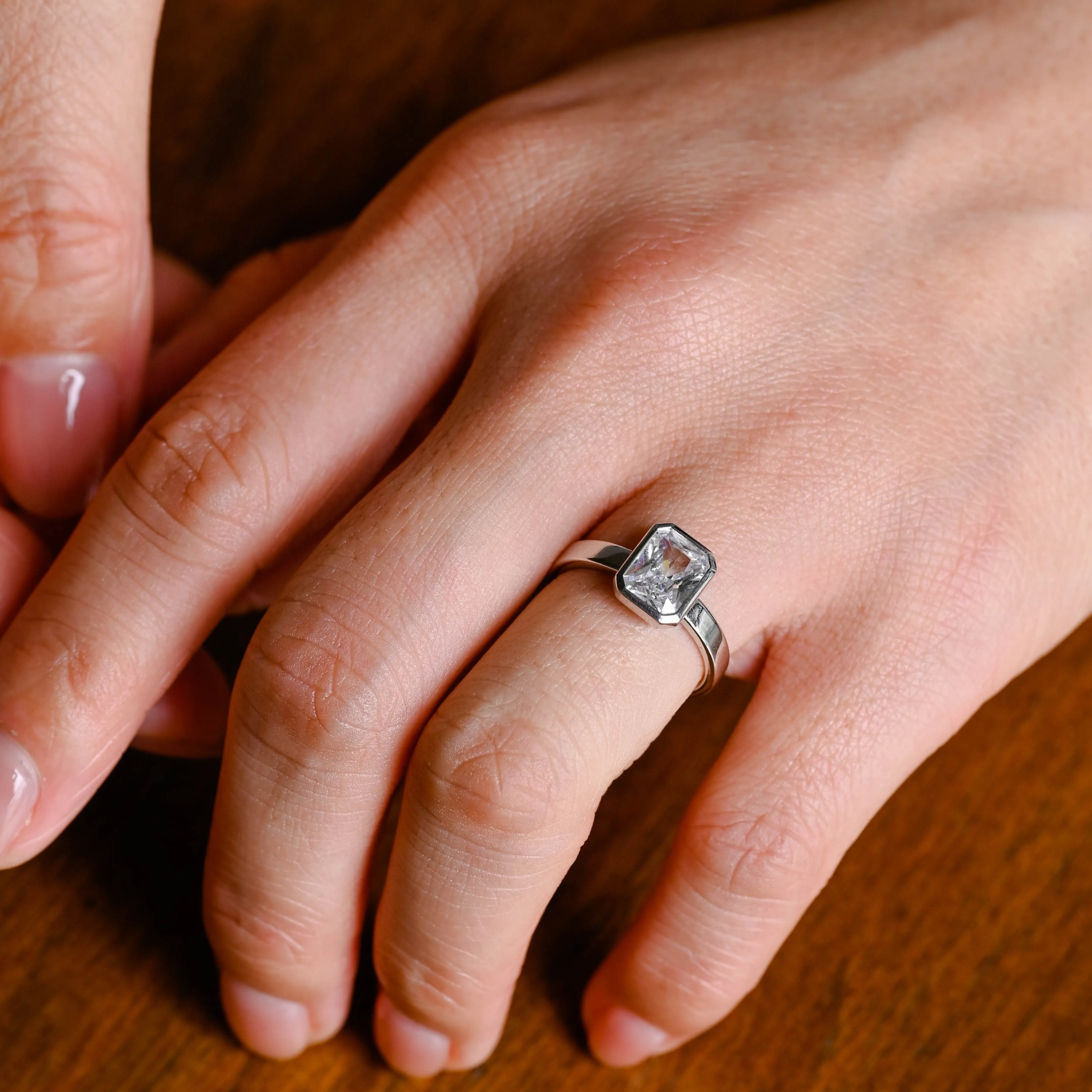 Solid Gold Solitaire Bezel 3mm Width Radiant Cut Moissanite Engagement Ring sold by Causyou product image thumbnail 2