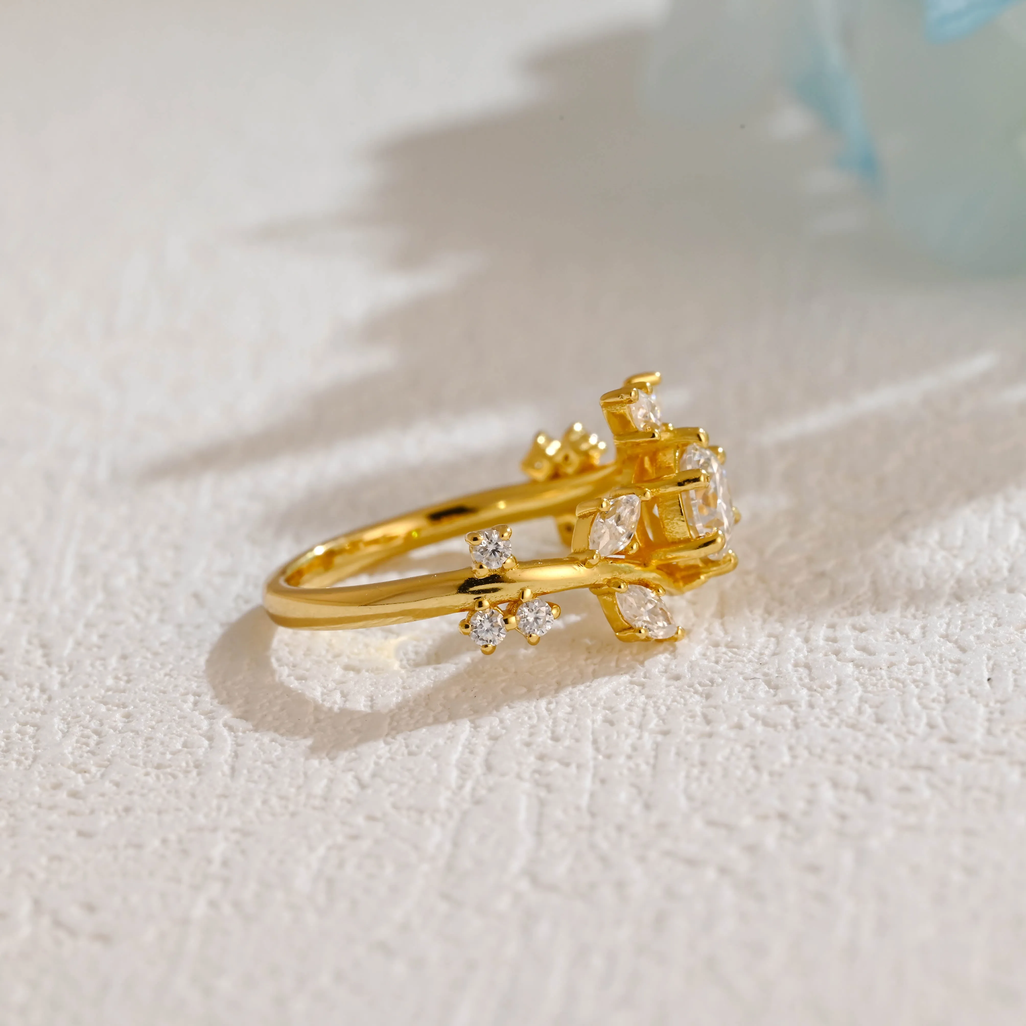 Solid Gold Round Cut Moissanite Engagement Ring, Side Marquise Ring Leaf Ring sold by Causyou product image thumbnail 5