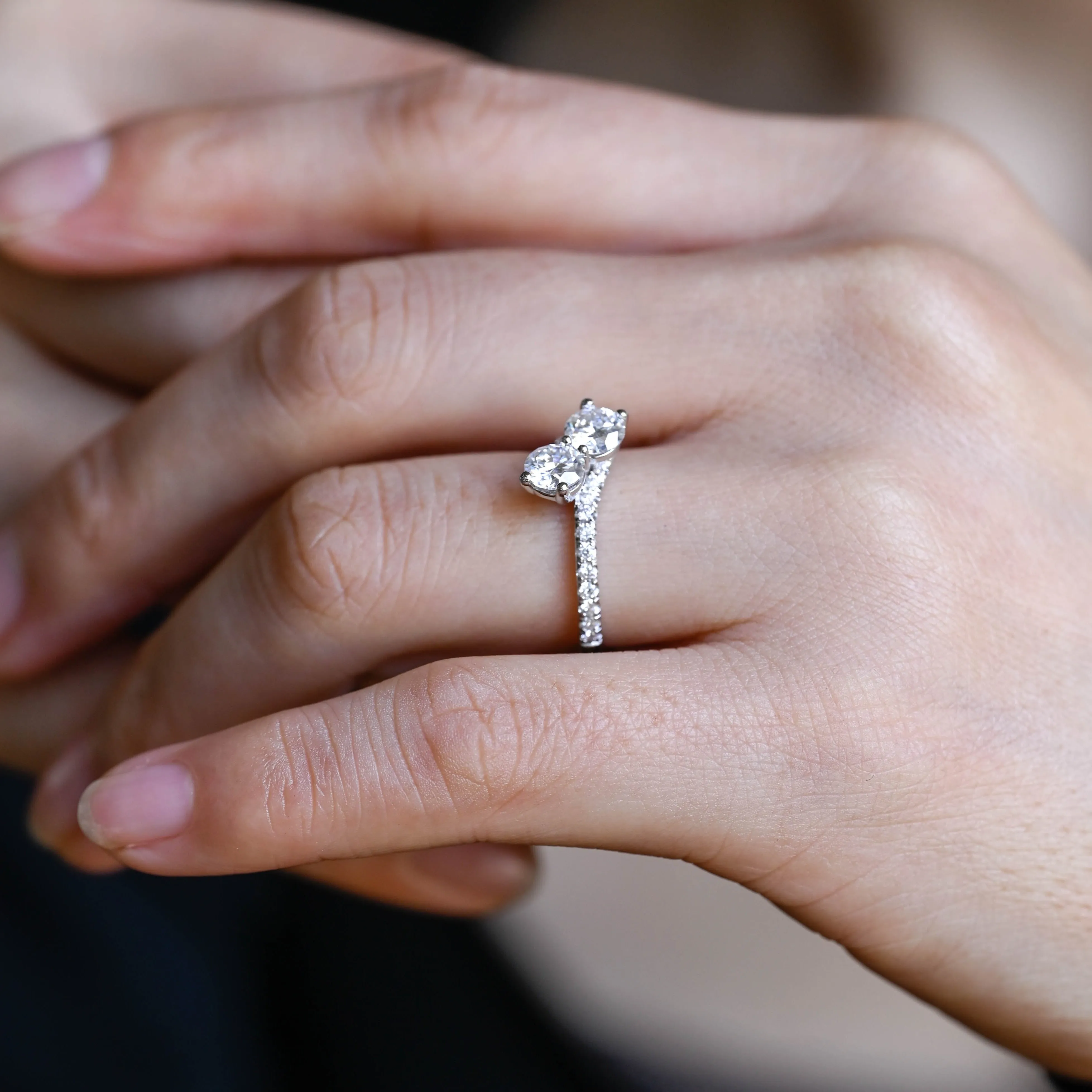 Solid Gold Toi Et Moi Round Cut Moissanite Engagement Ring, Pave Ring Bypass Ring sold by Causyou product image thumbnail 4