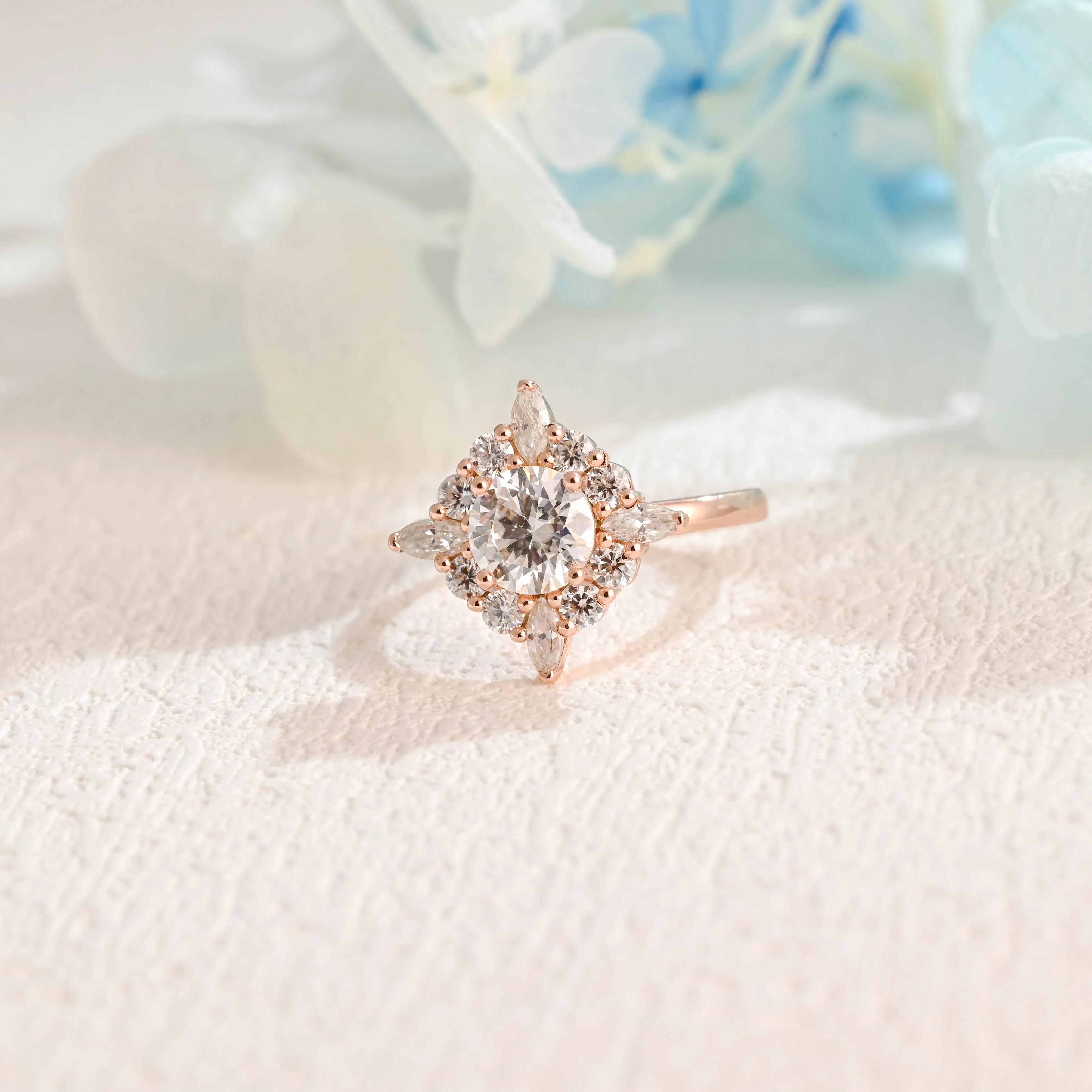 Solid Gold Round Cut Moissanite Engagement Ring, Cluster Ring Halo Ring sold by Causyou