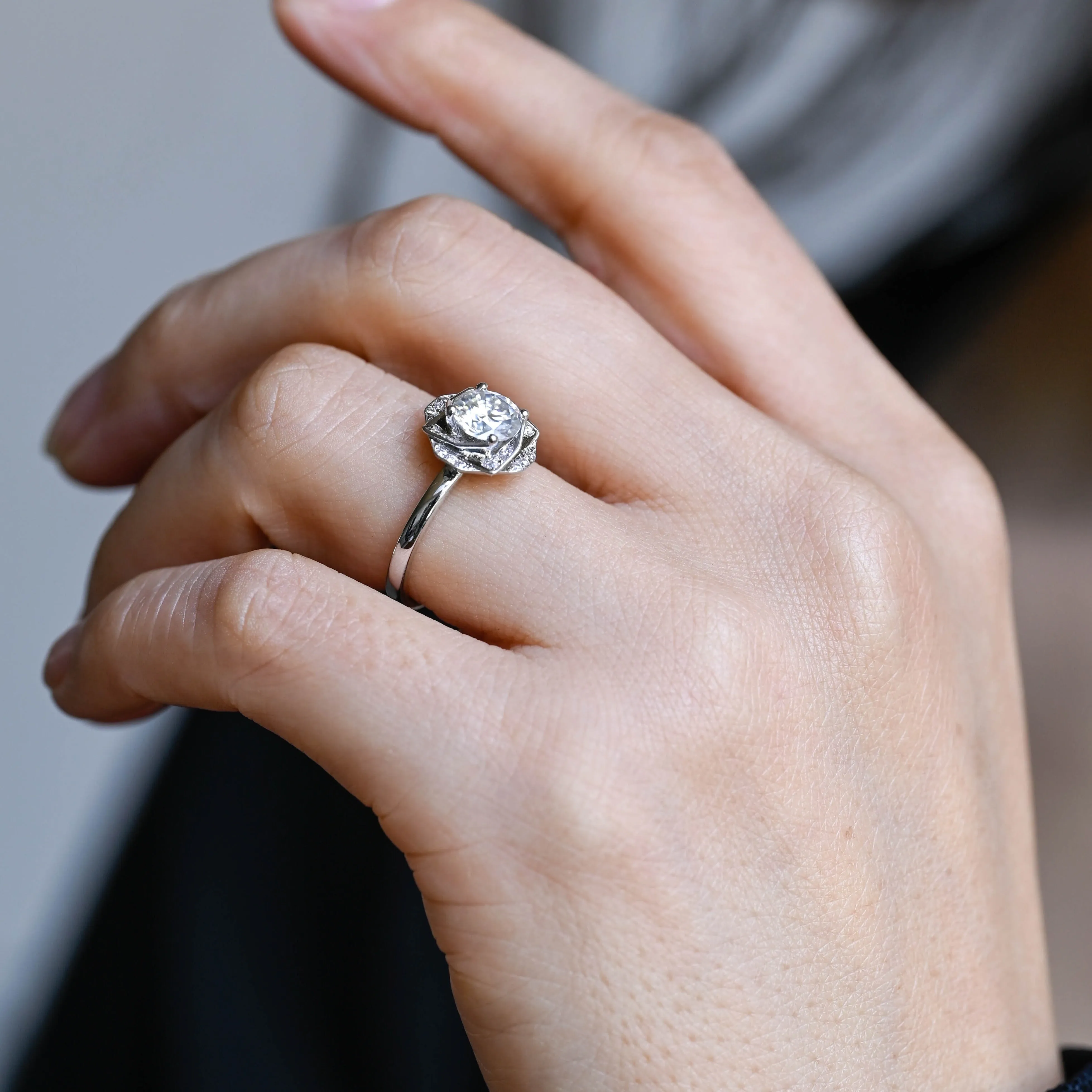 Solid Gold Round Cut Moissanite Engagement Ring, Halo Ring sold by Causyou product image thumbnail 4