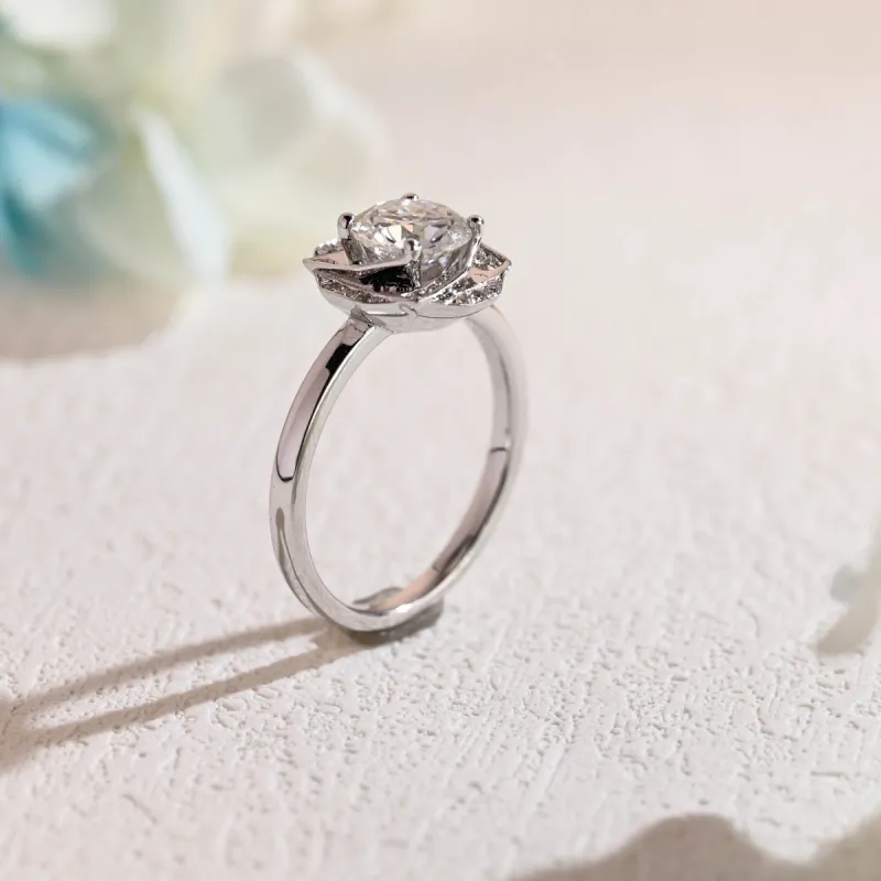 Solid Gold Round Cut Moissanite Engagement Ring, Halo Ring sold by Causyou