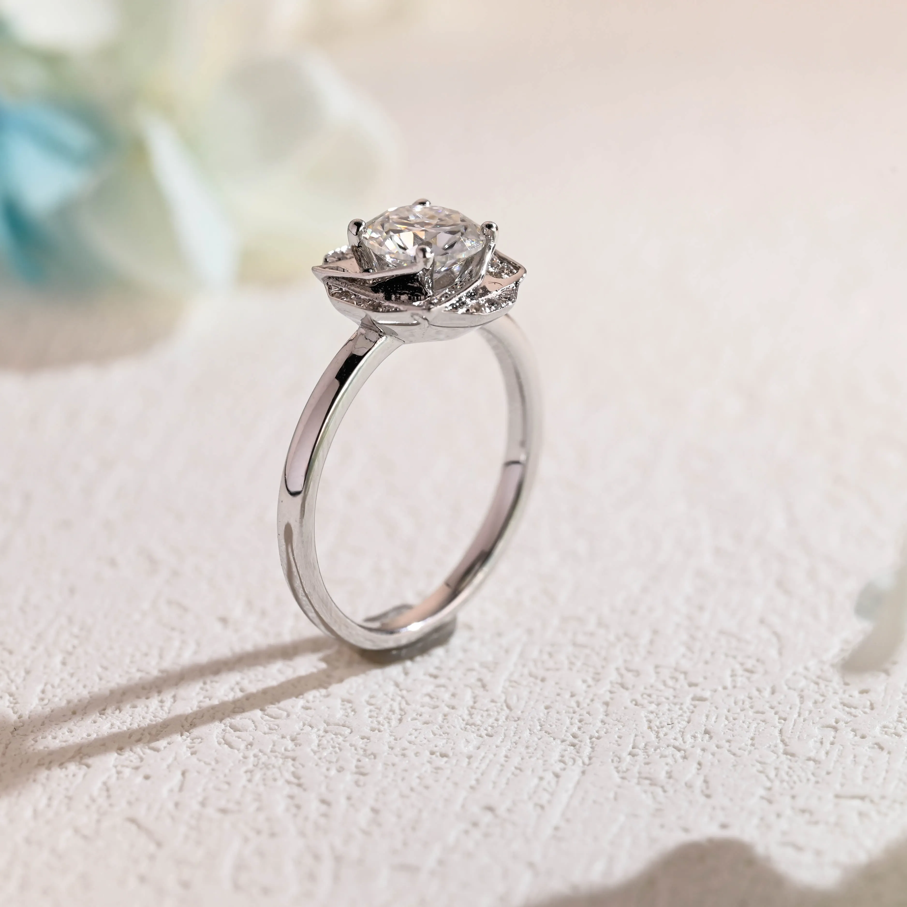 Solid Gold Round Cut Moissanite Engagement Ring, Halo Ring sold by Causyou