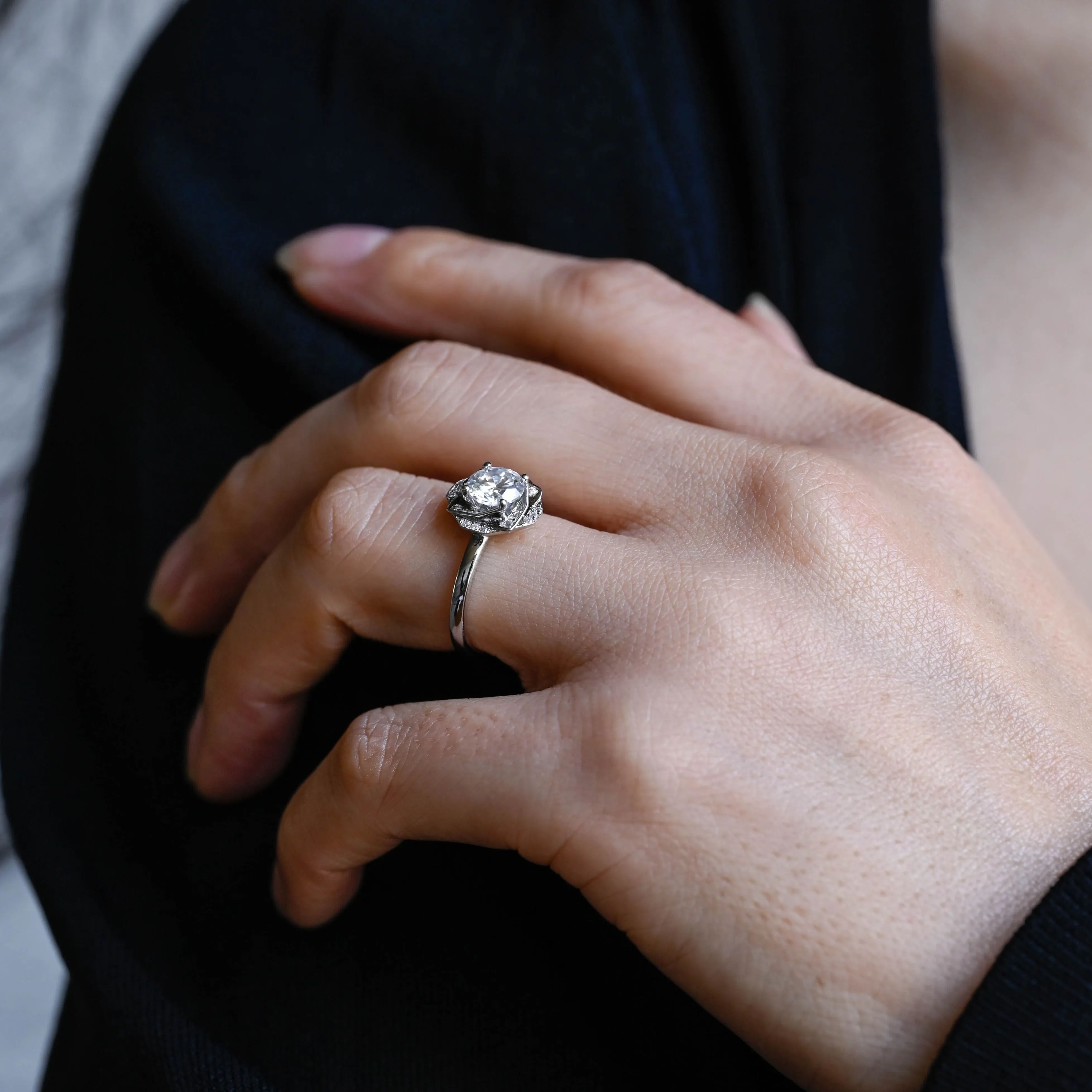 Solid Gold Round Cut Moissanite Engagement Ring, Halo Ring sold by Causyou product image thumbnail 3