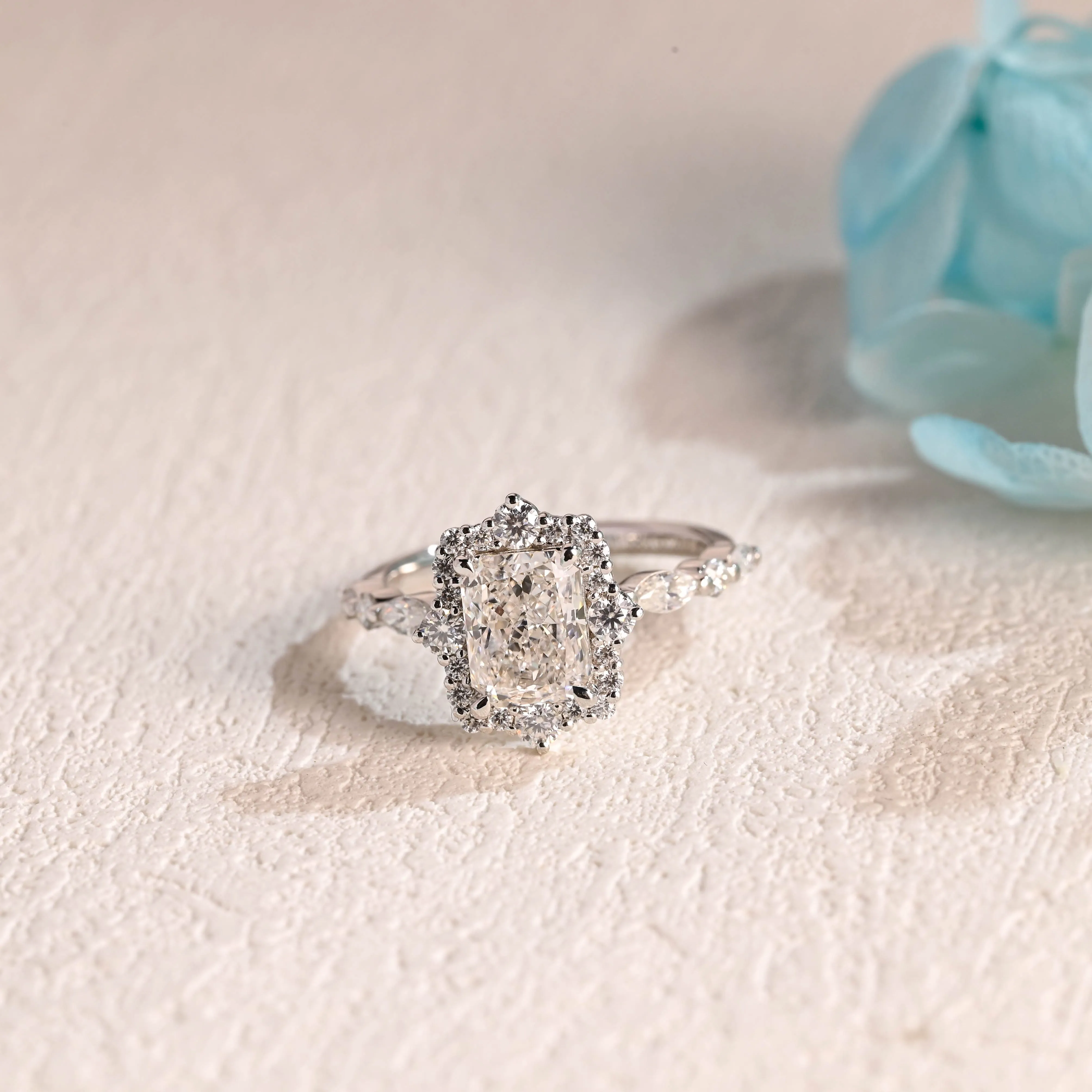 Solid Gold Radiant Cut Moissanite Engagement Ring with Halo sold by Causyou