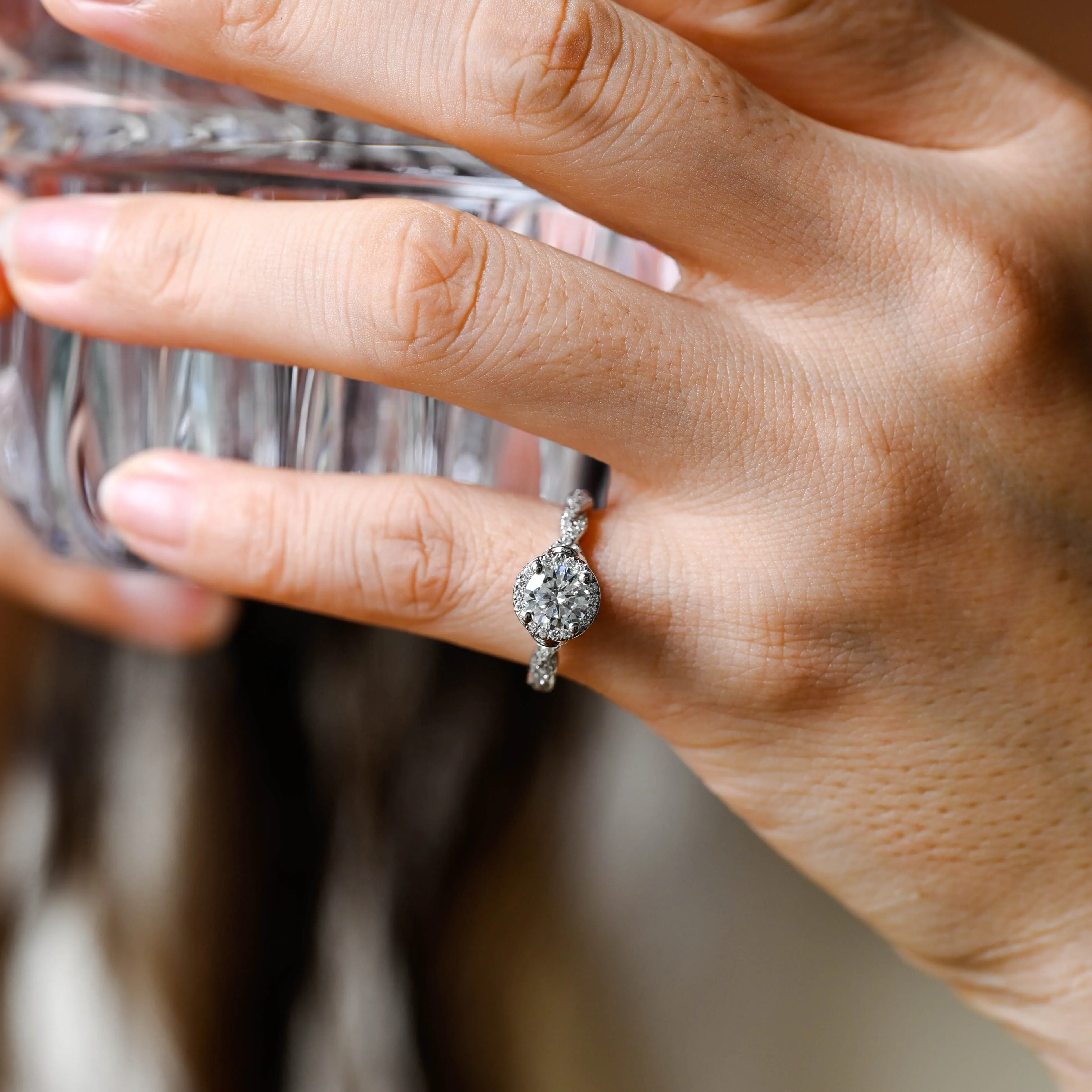 Solid Gold Round Cut Moissanite Engagement Ring Hidden Halo, Twist Band Ring sold by Causyou product image thumbnail 3
