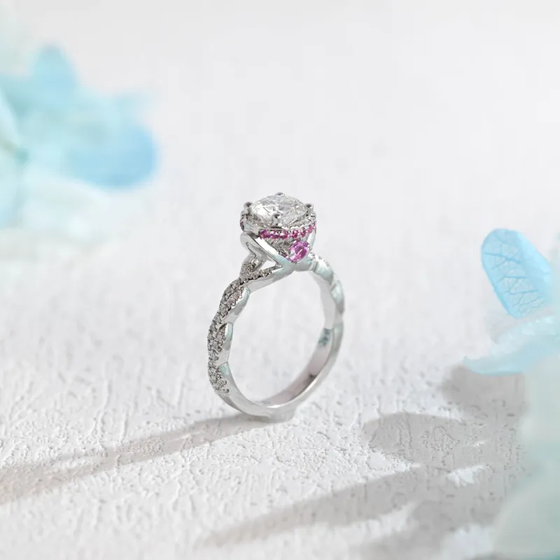 Solid Gold Round Cut Moissanite Engagement Ring Hidden Halo, Twist Band Ring sold by Causyou