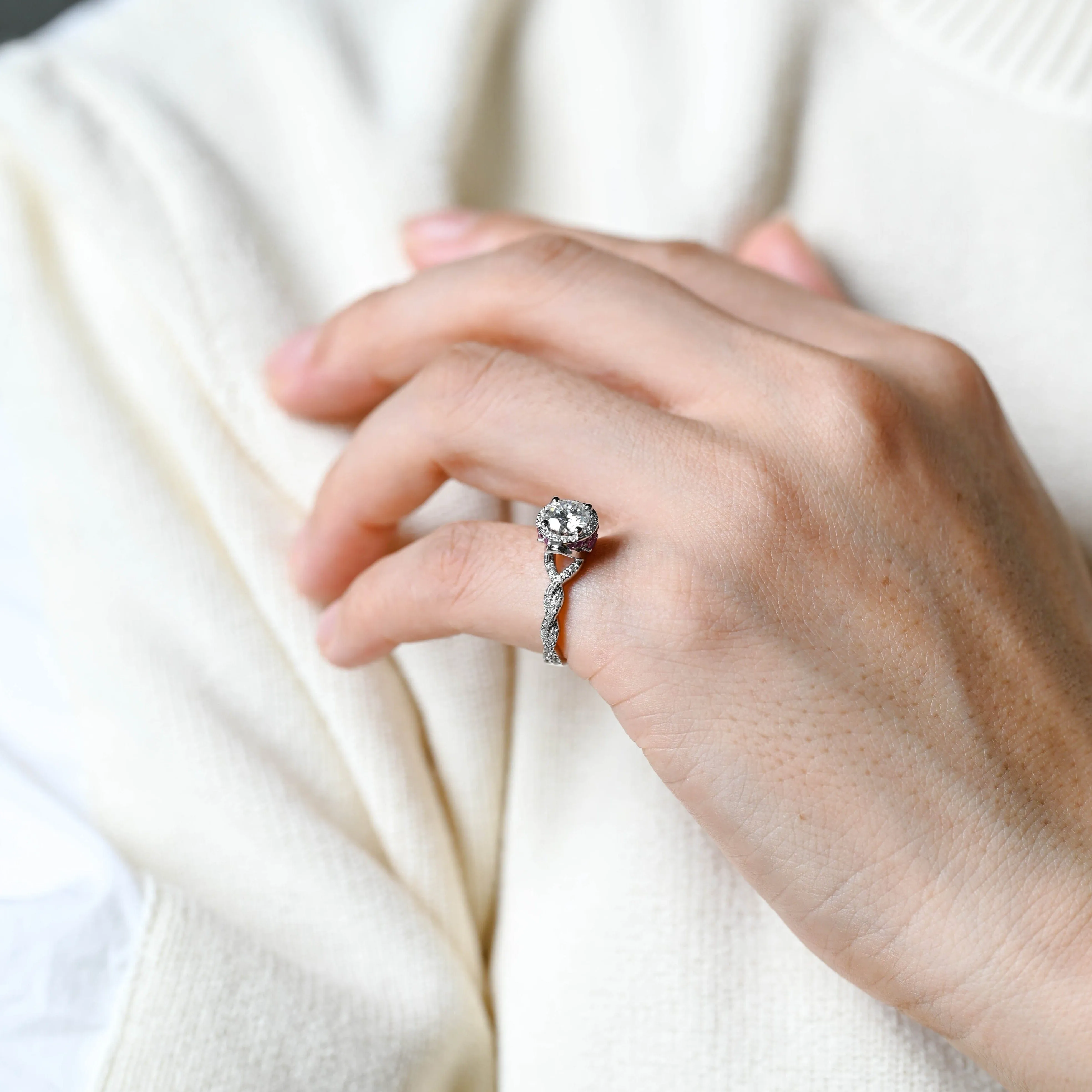 Solid Gold Round Cut Moissanite Engagement Ring Hidden Halo, Twist Band Ring sold by Causyou product image thumbnail 4