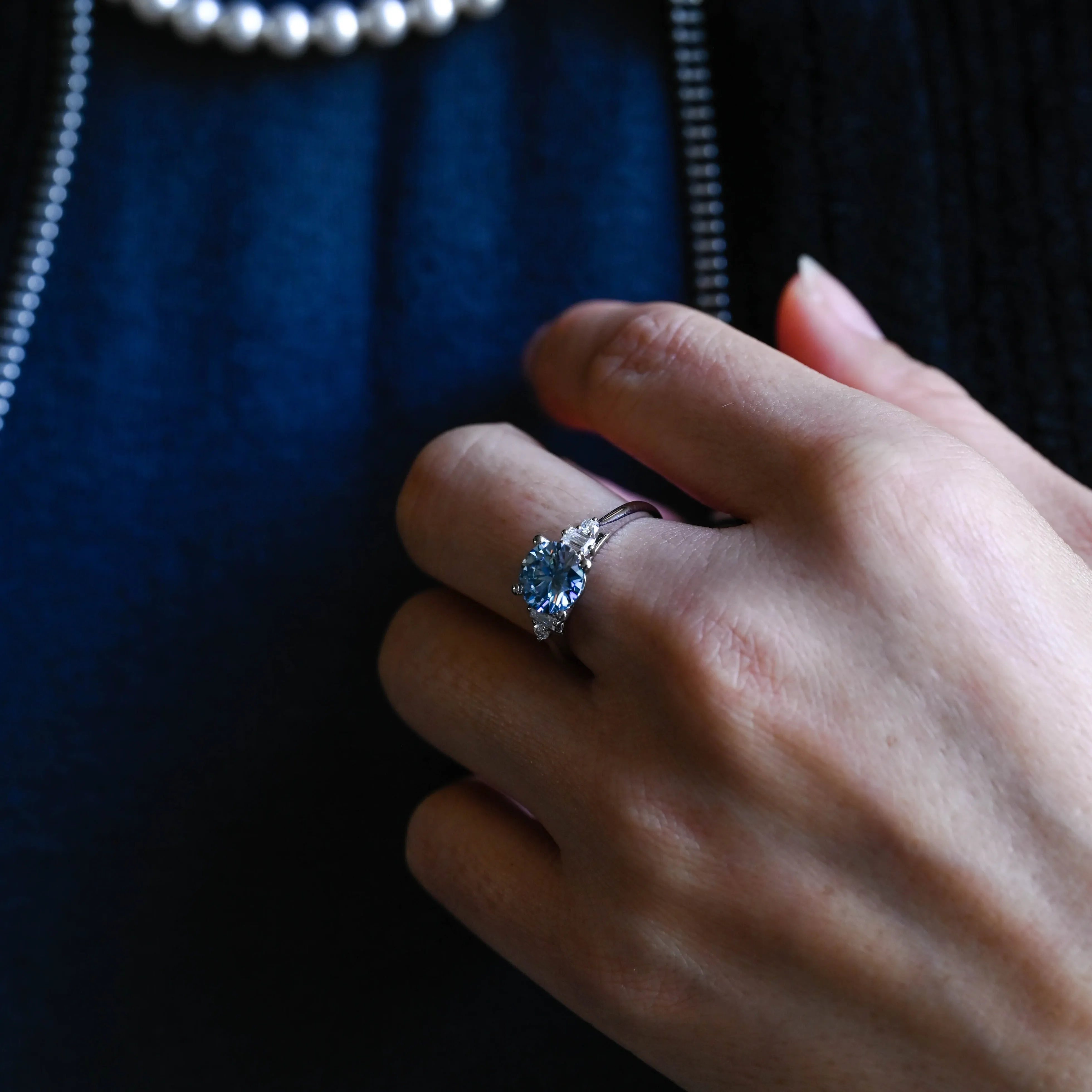 Solid Gold Round Cut Blue Moissanite Engagement Ring, Three Stone Ring sold by Causyou product image thumbnail 3