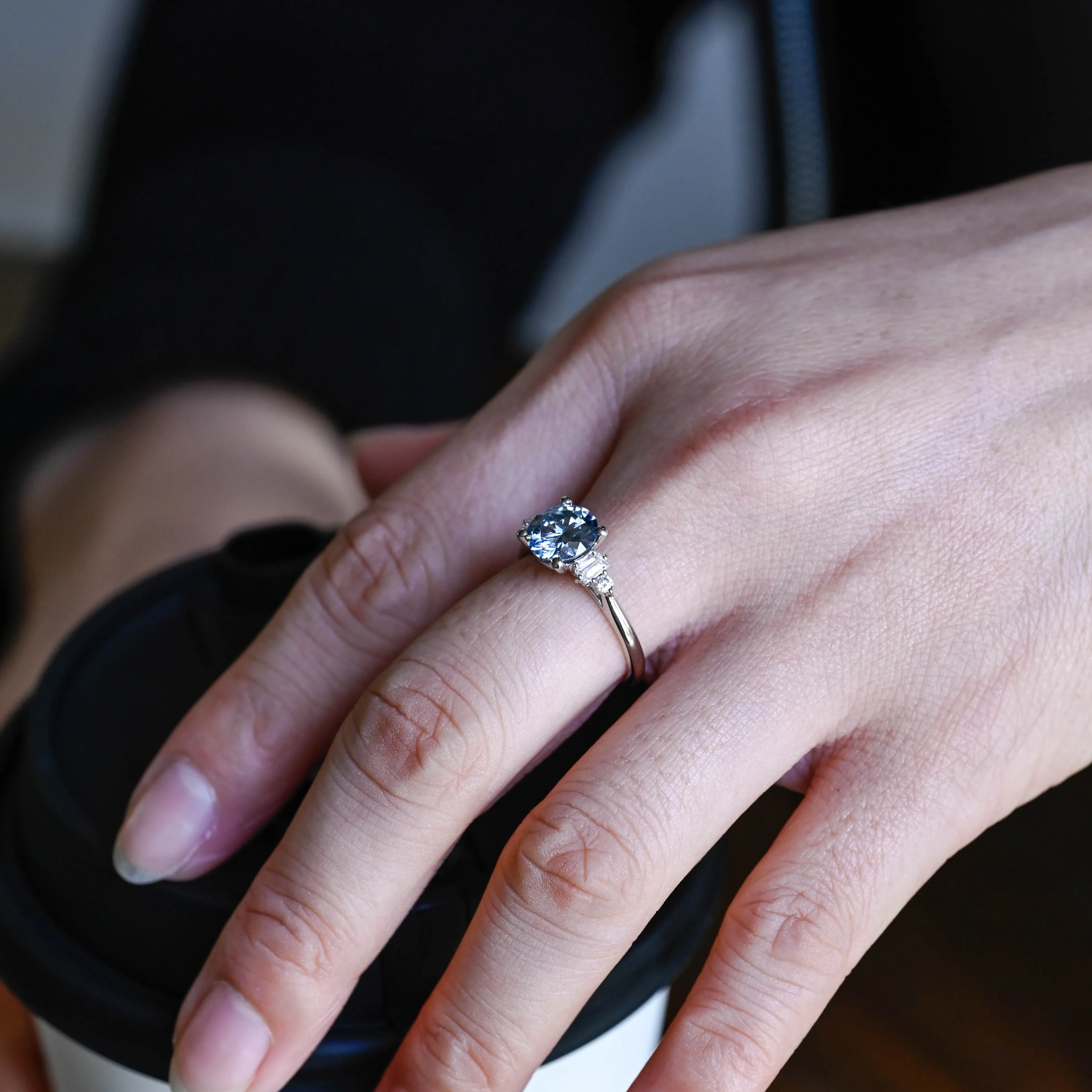 Solid Gold Round Cut Blue Moissanite Engagement Ring, Three Stone Ring sold by Causyou product image thumbnail 5