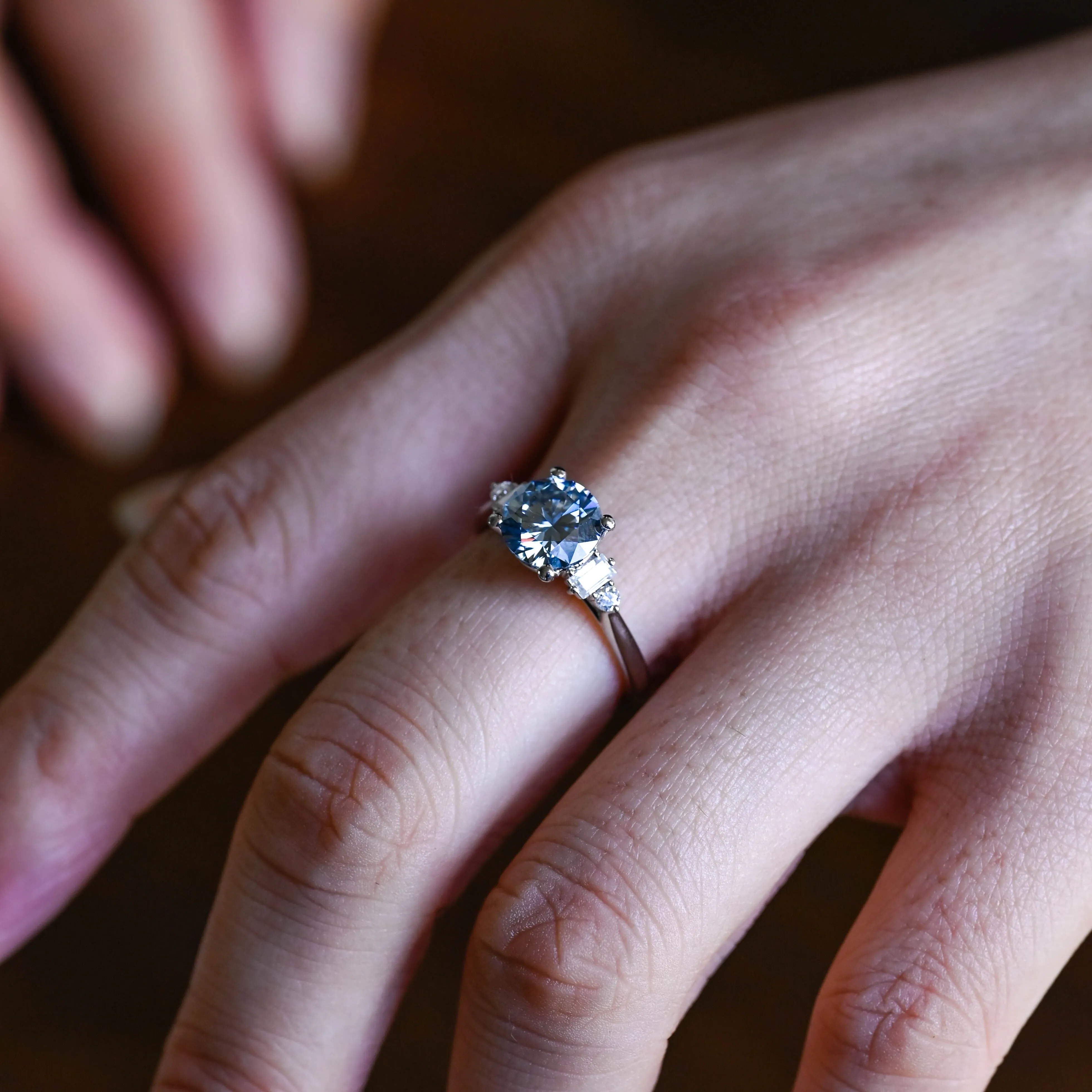 Solid Gold Round Cut Blue Moissanite Engagement Ring, Three Stone Ring sold by Causyou product image thumbnail 2