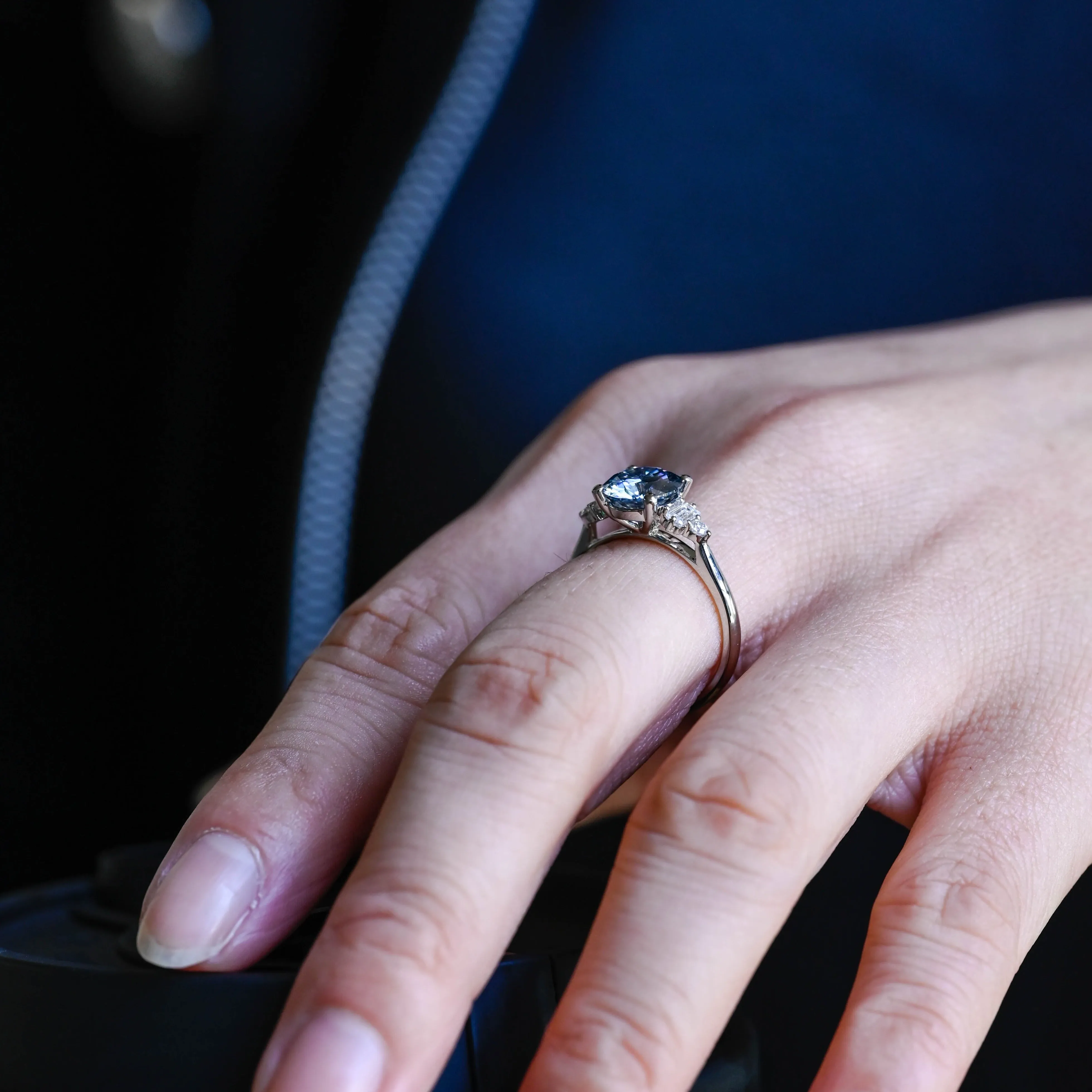 Solid Gold Round Cut Blue Moissanite Engagement Ring, Three Stone Ring sold by Causyou product image thumbnail 4