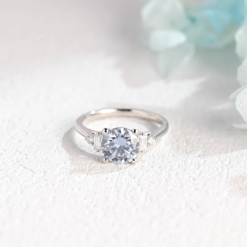 Solid Gold Round Cut Blue Moissanite Engagement Ring, Three Stone Ring sold by Causyou