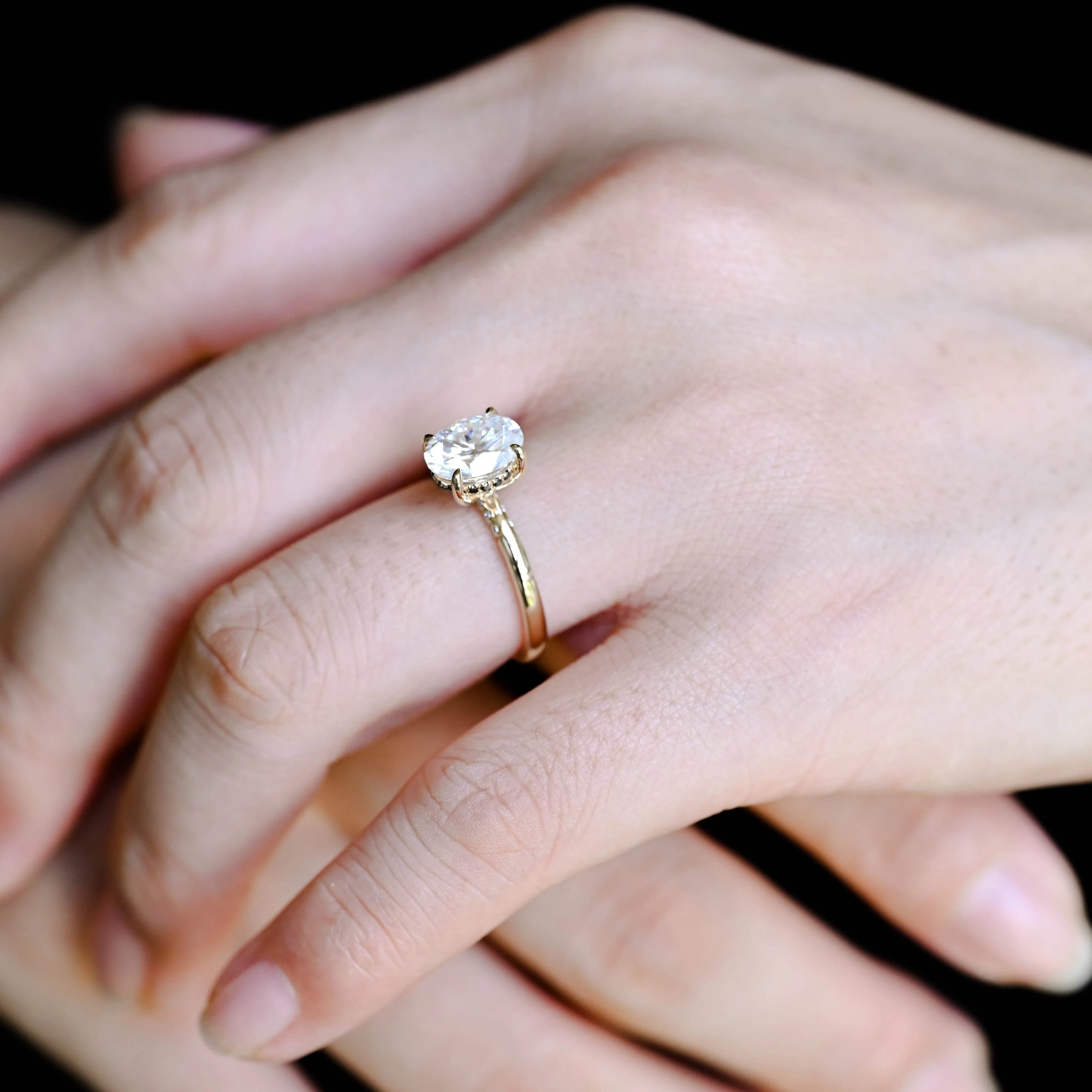 Solid Gold Black Moissanite Hidden Halo Oval Cut Moissnaite Engagement Ring sold by Causyou product image thumbnail 4