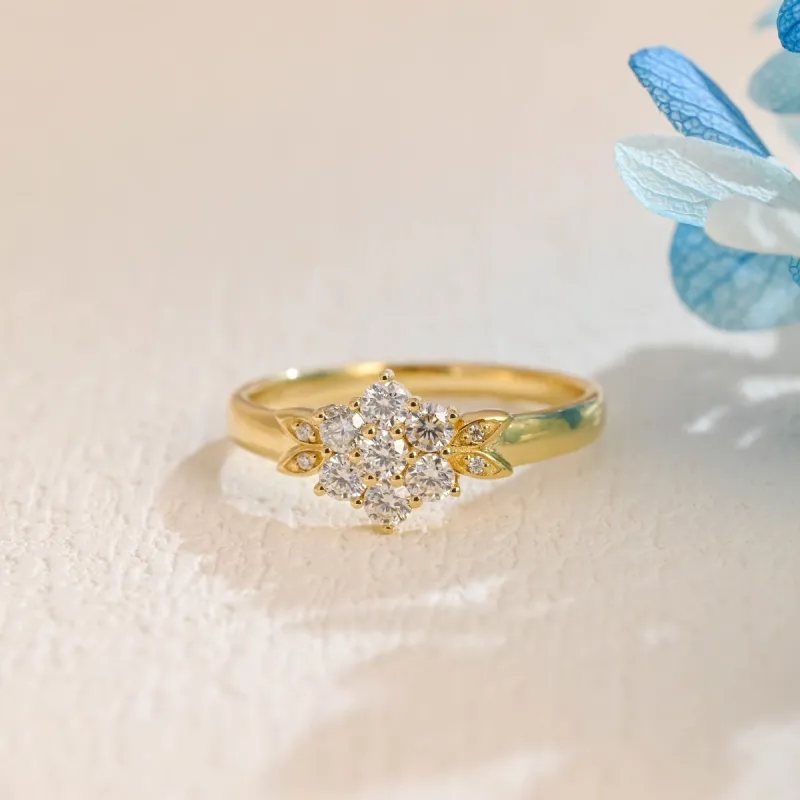 Solid Gold Floral Round Cut Moissanite Engagement Ring, Flower Like Ring sold by Causyou