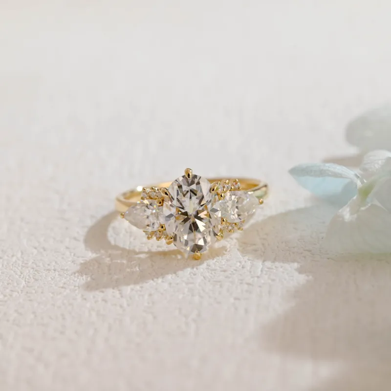 Solid Gold Three Stone Oval Cut Moissanite Engagement Ring sold by Causyou