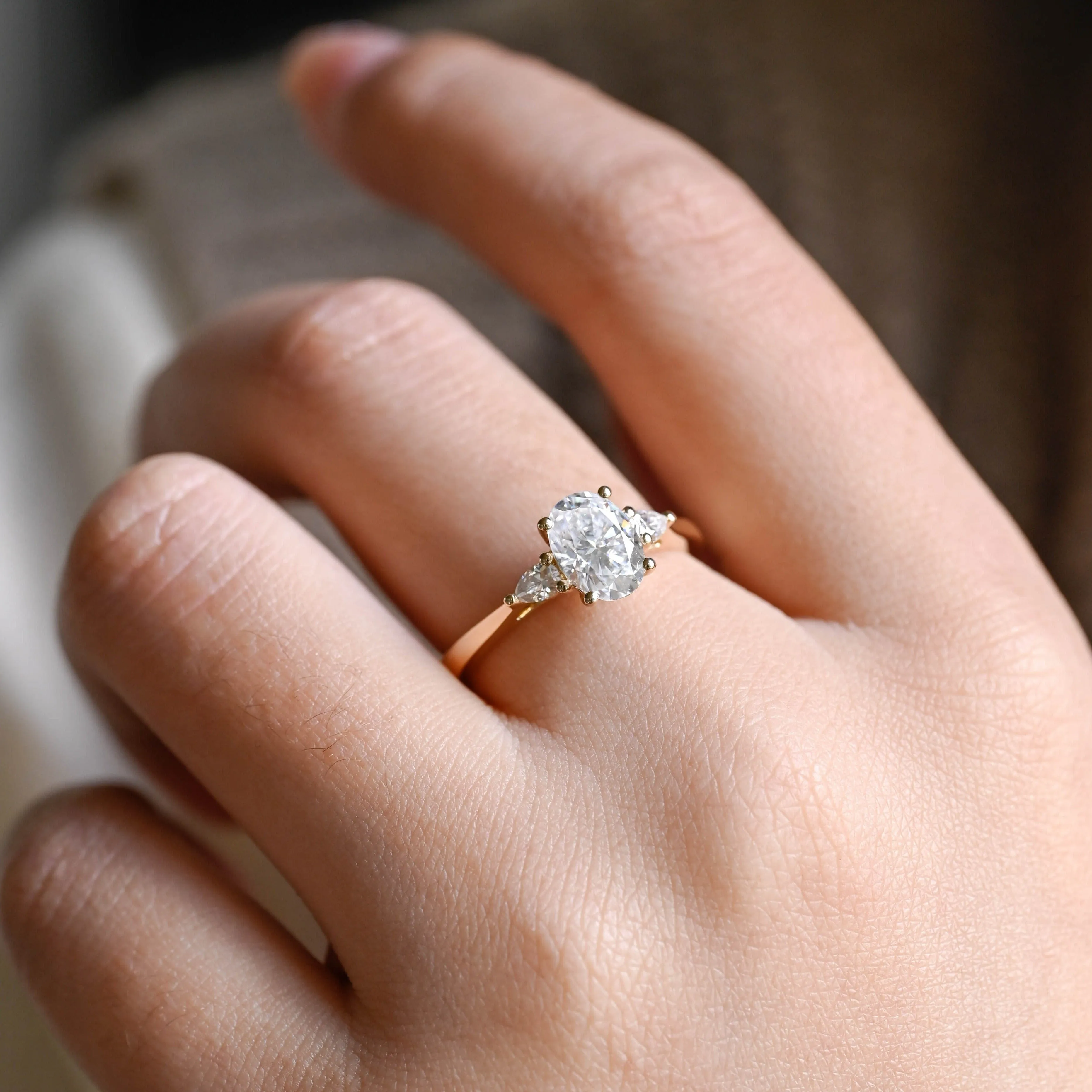 Solid Gold Three Stone Oval Cut Moissanite Engagement Ring sold by Causyou product image thumbnail 2
