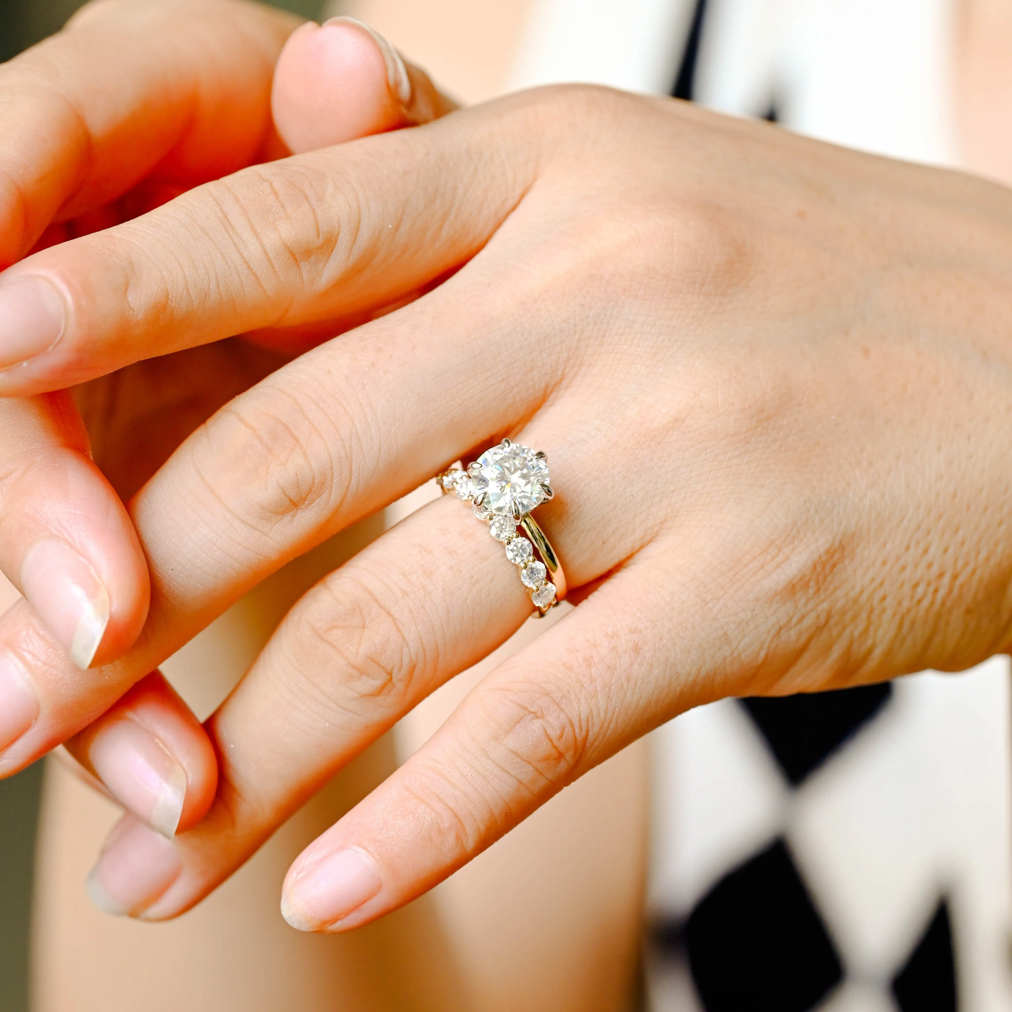 Solid Gold Two Tone Round Cut Moissanite Engagement Ring Set Hidden Halo, Bridal Set sold by Causyou product image thumbnail 2