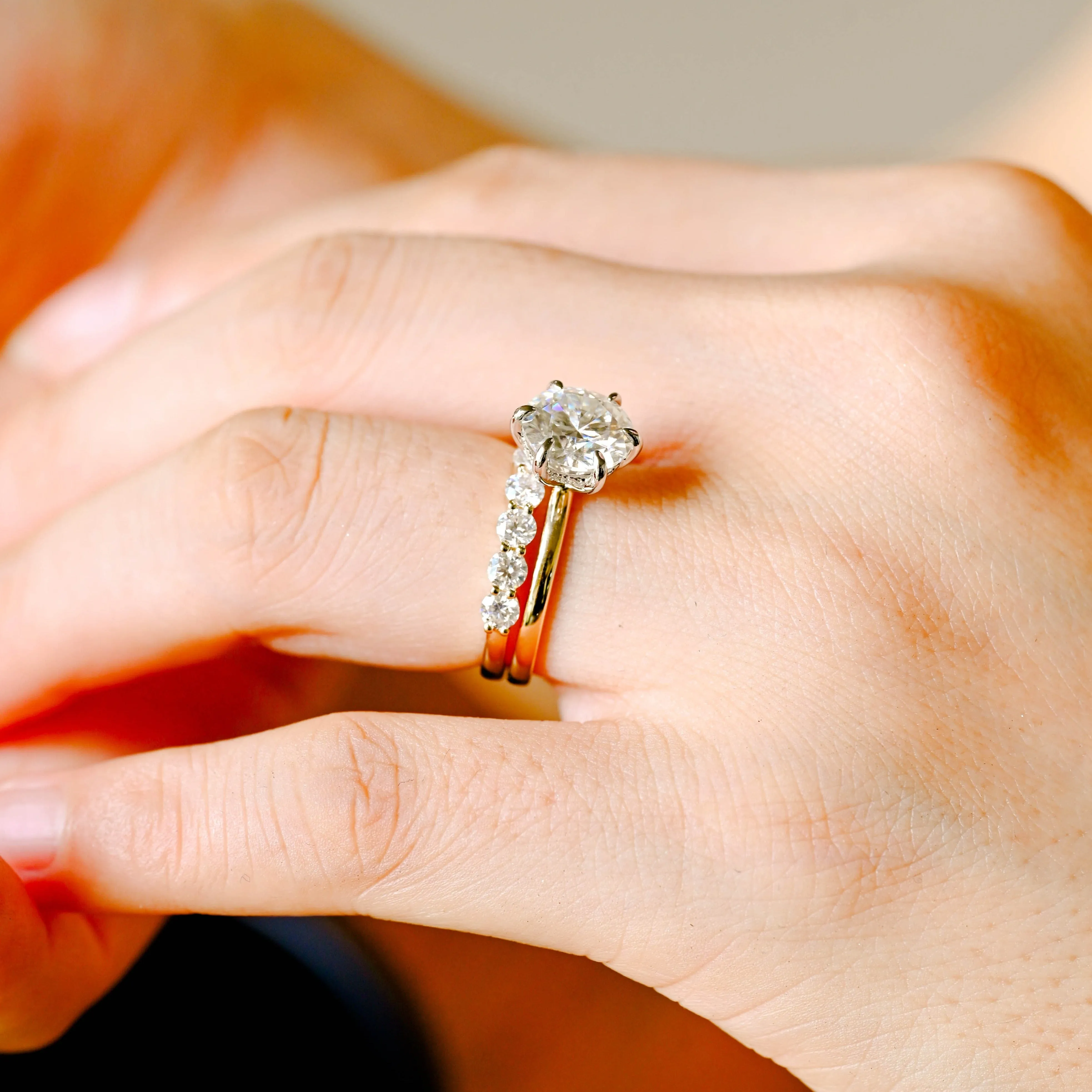 Solid Gold Two Tone Round Cut Moissanite Engagement Ring Set Hidden Halo, Bridal Set sold by Causyou product image thumbnail 4