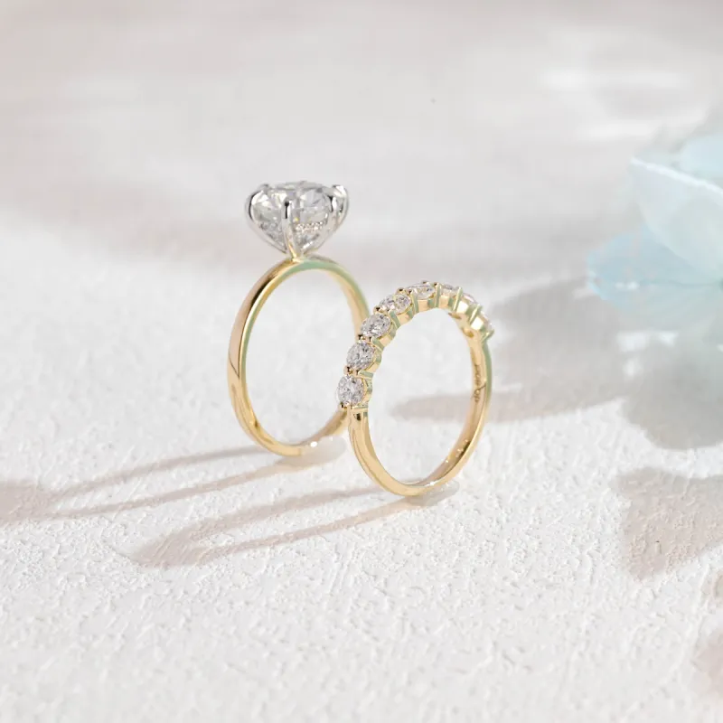 Solid Gold Two Tone Round Cut Moissanite Engagement Ring Set Hidden Halo, Bridal Set sold by Causyou