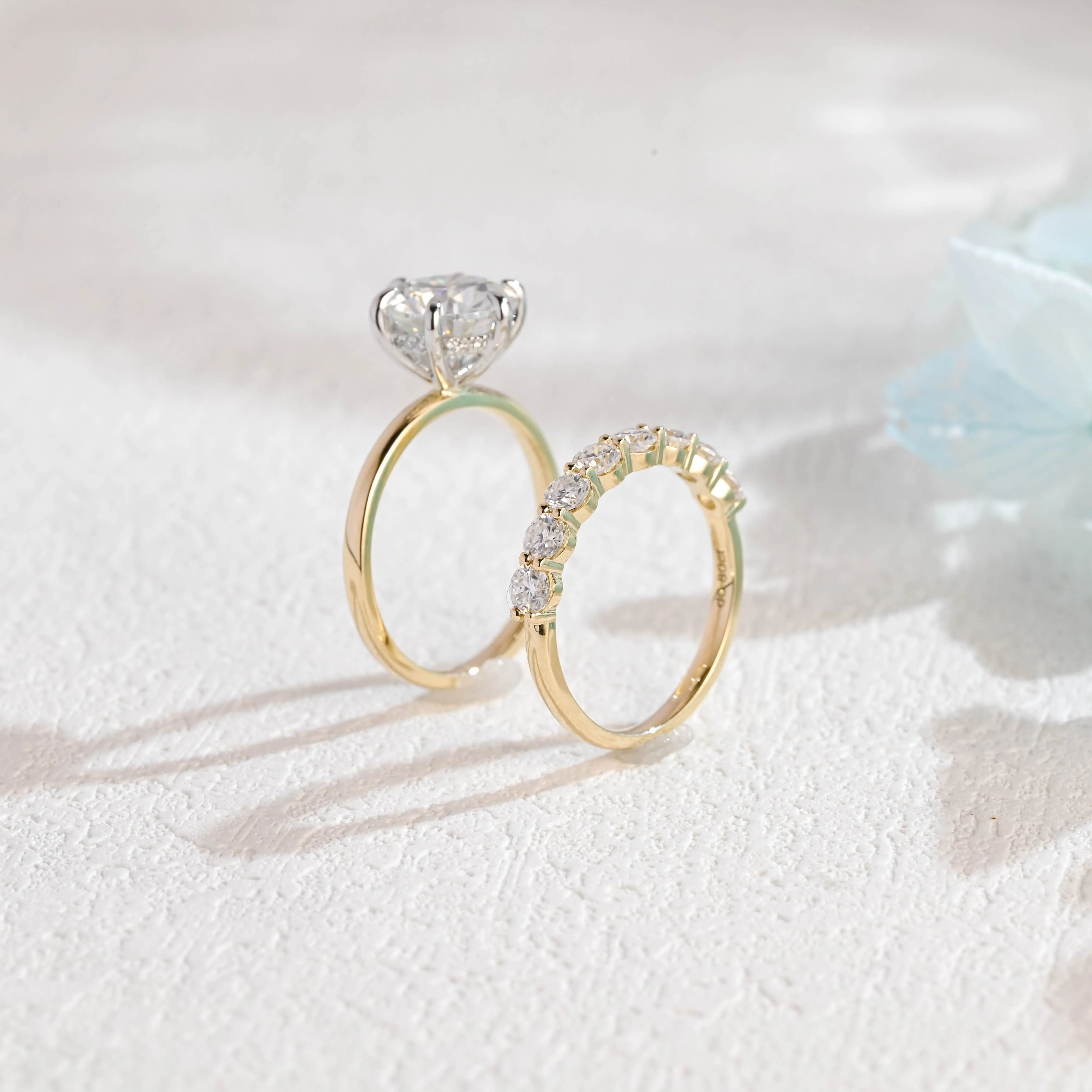 Solid Gold Two Tone Round Cut Moissanite Engagement Ring Set Hidden Halo, Bridal Set sold by Causyou