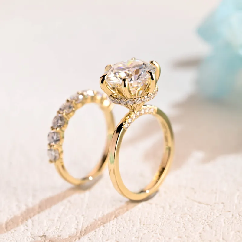Solid Gold Round Cut Moissanite Engagement Ring Set, Hidden Halo Bridal Set sold by Causyou
