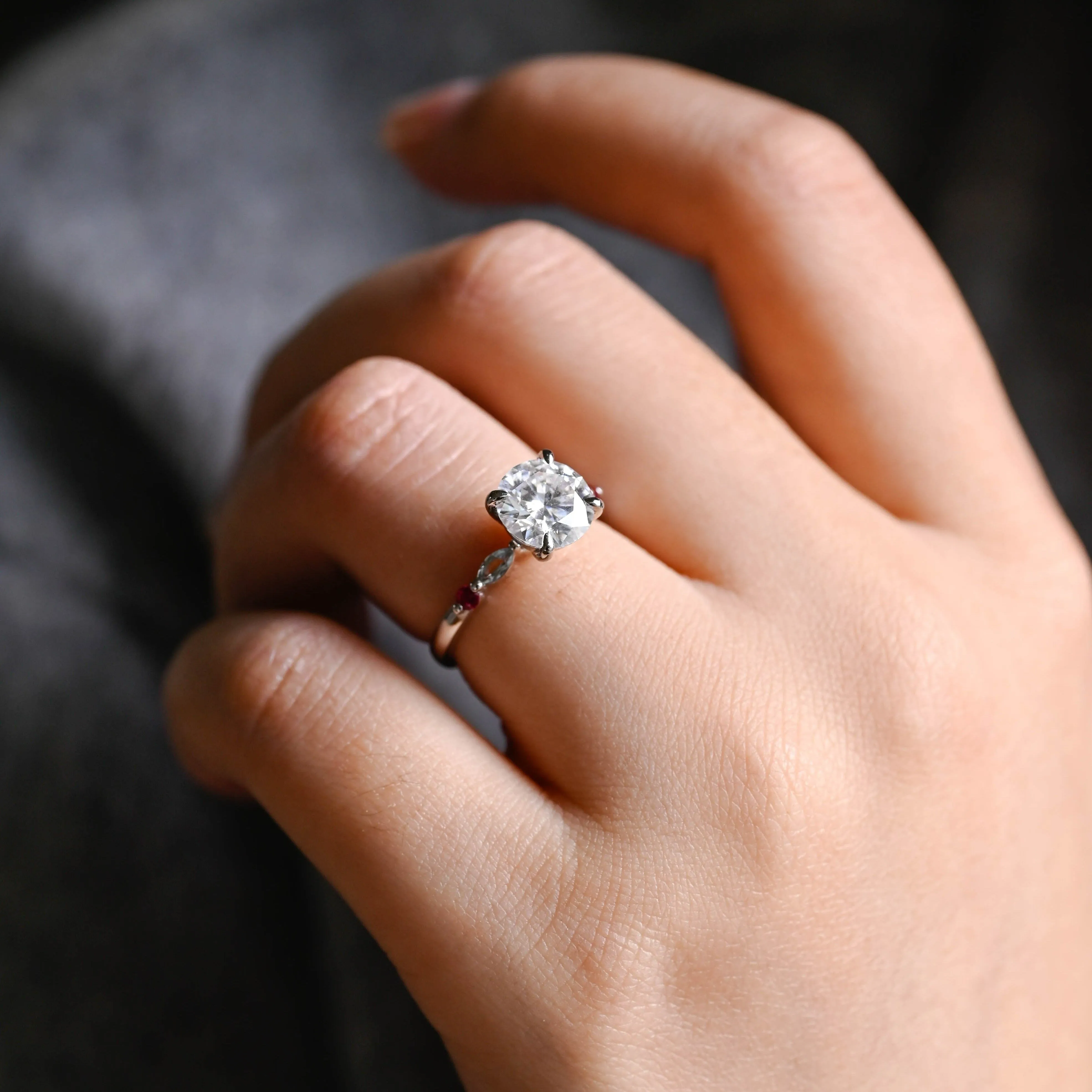 Solid Gold Round Cut Moissanite Engagement Ring, Pave Ruby Ring sold by Causyou product image thumbnail 3