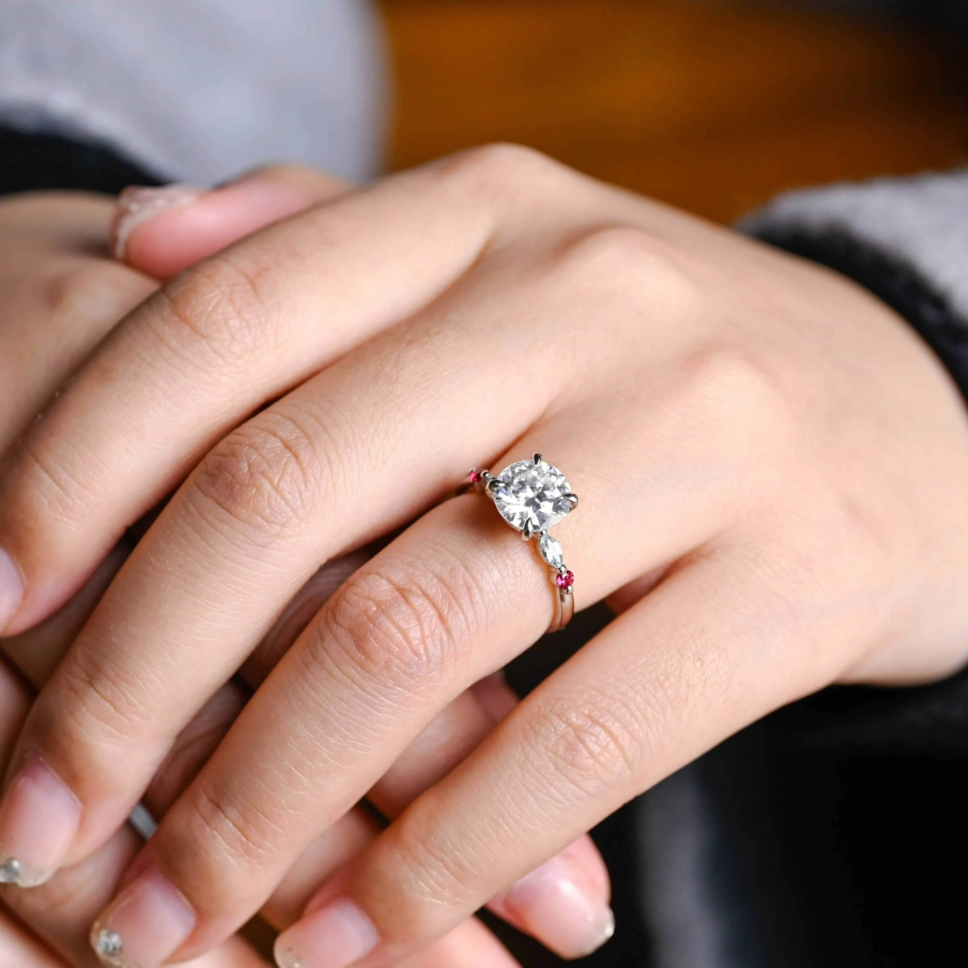 Solid Gold Round Cut Moissanite Engagement Ring, Pave Ruby Ring sold by Causyou product image thumbnail 4