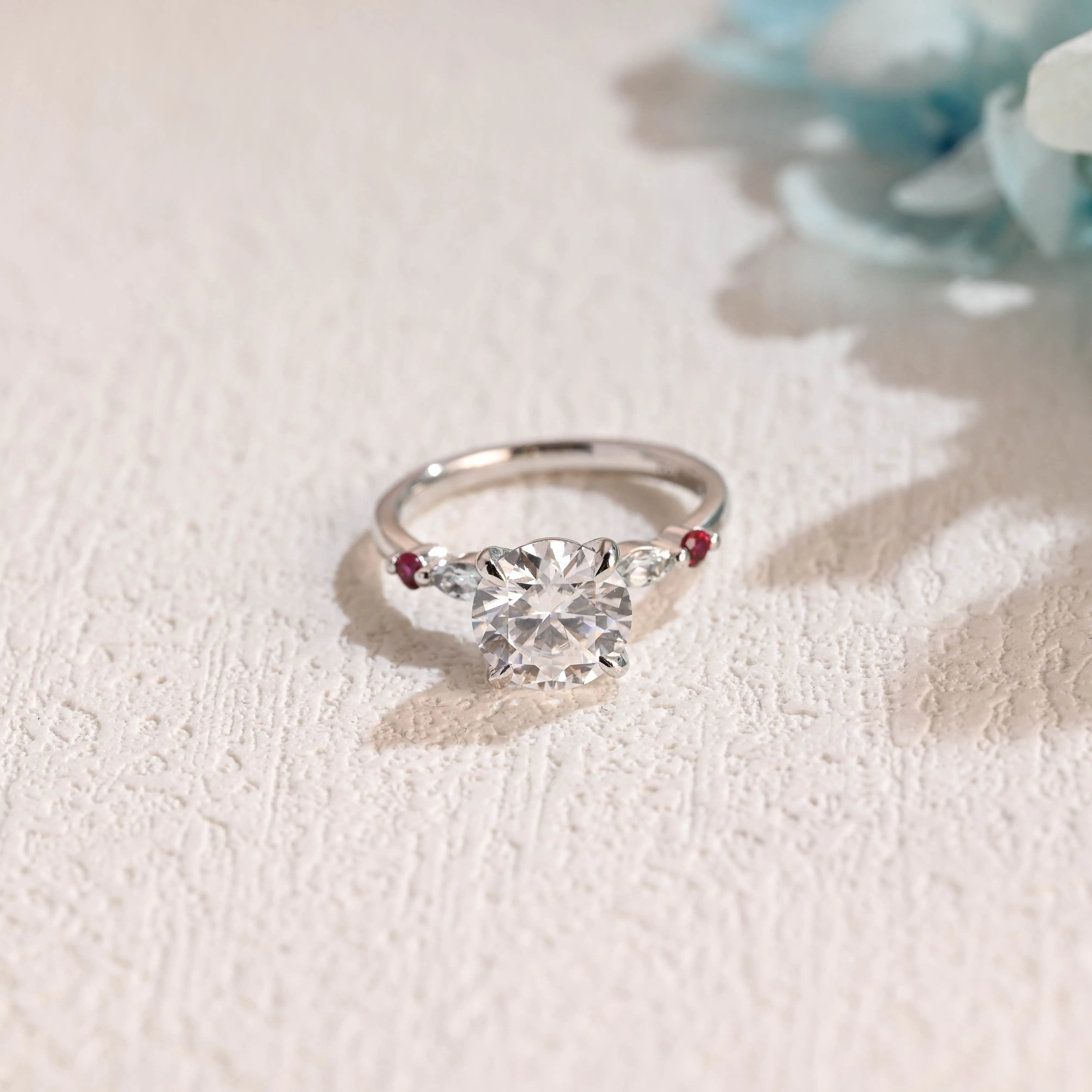 Solid Gold Round Cut Moissanite Engagement Ring, Pave Ruby Ring sold by Causyou