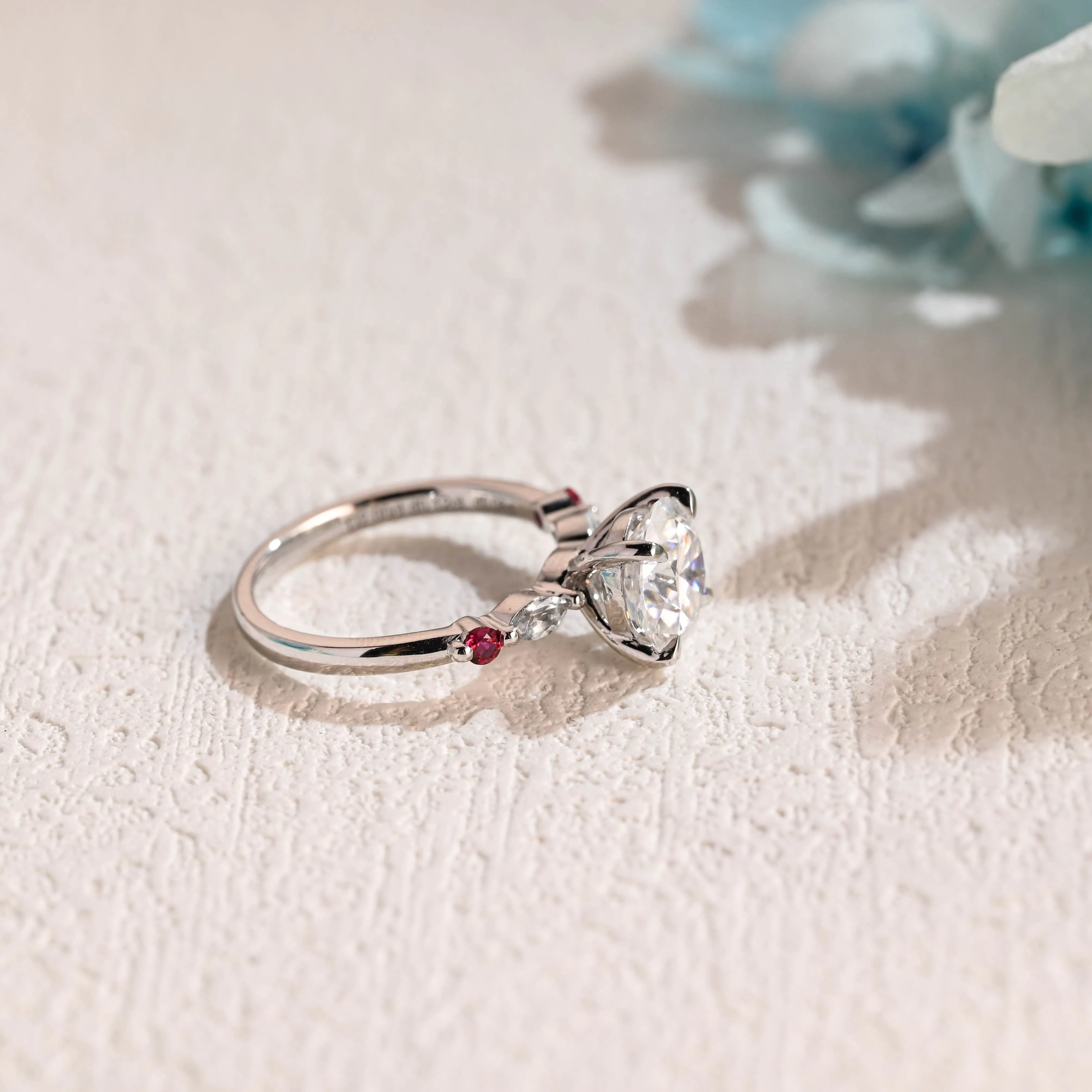 Solid Gold Round Cut Moissanite Engagement Ring, Pave Ruby Ring sold by Causyou product image thumbnail 5