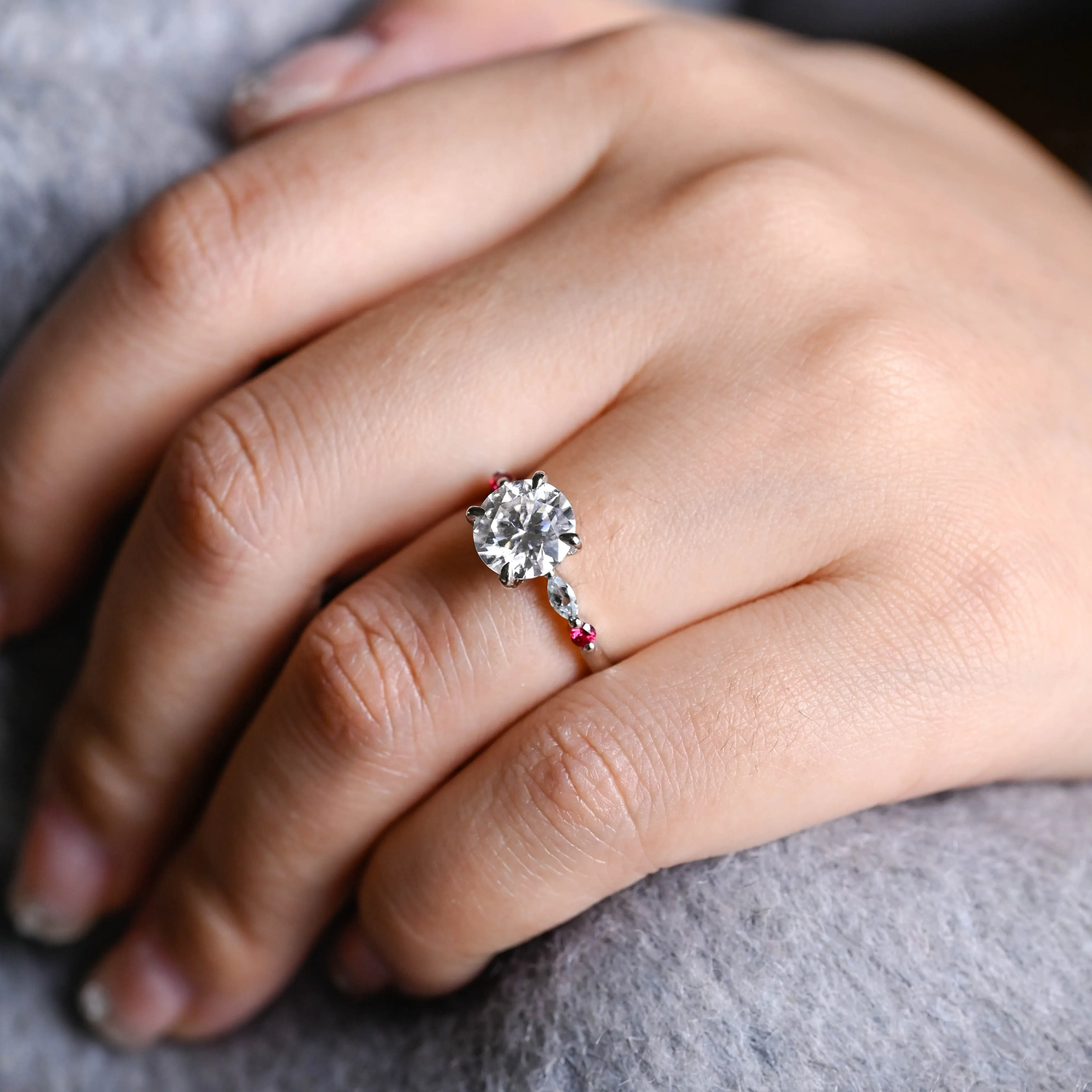 Solid Gold Round Cut Moissanite Engagement Ring, Pave Ruby Ring sold by Causyou product image thumbnail 2