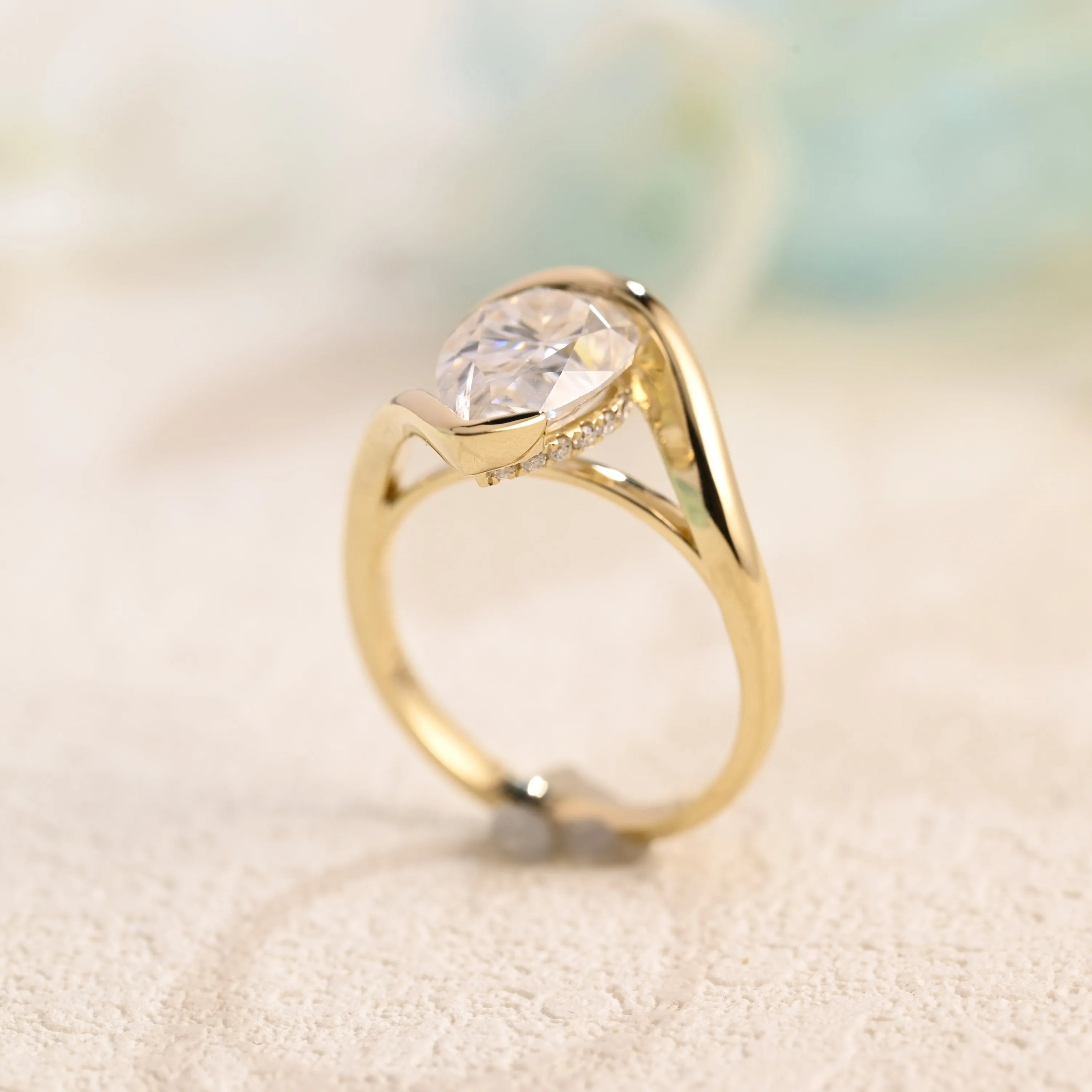 Solid Gold Pear Cut Moissanite Engagement Ring Hidden Halo sold by Causyou product image thumbnail 2