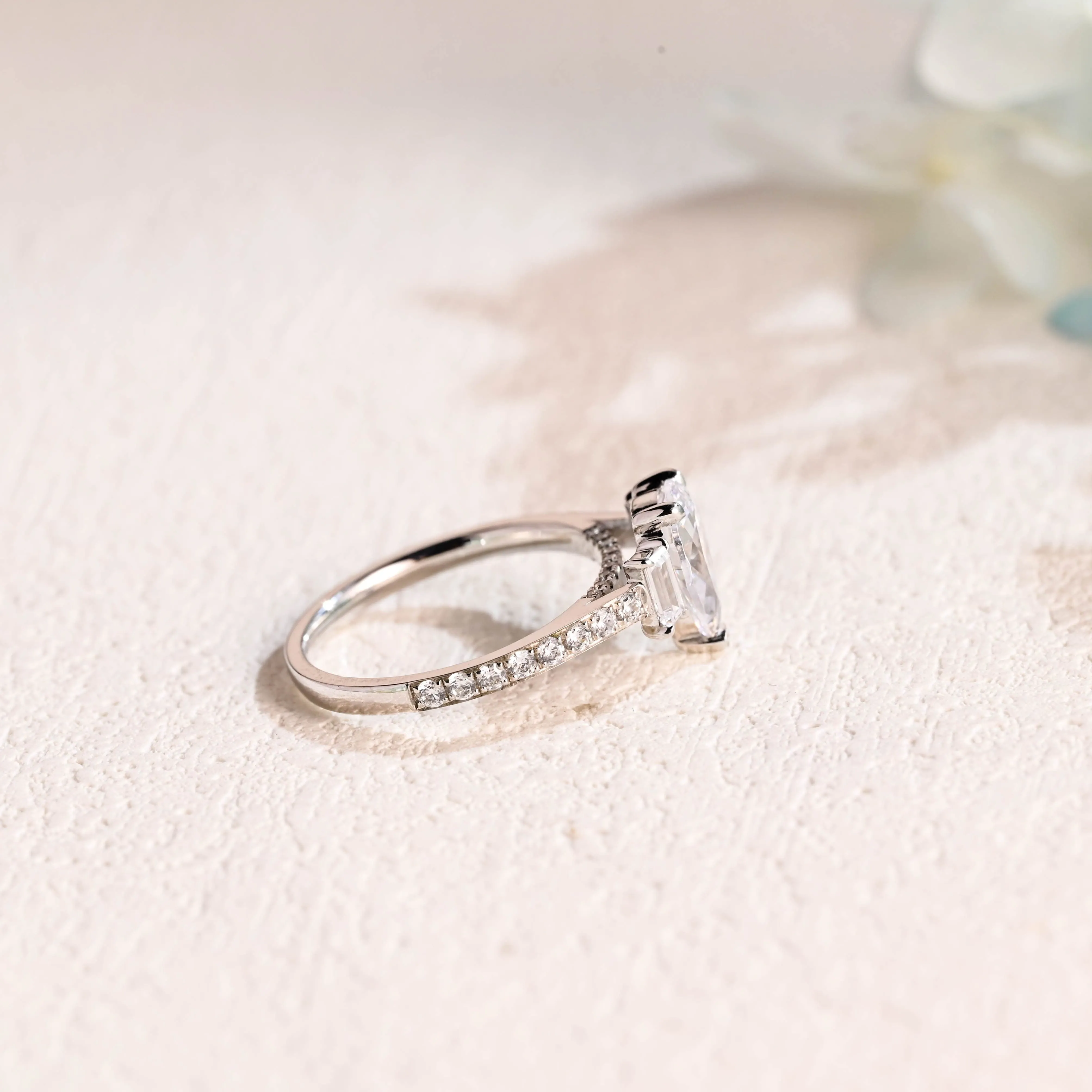 Solid Gold Pear Cut Moissanite Engagement Ring, Pave Three Stone Ring sold by Causyou product image thumbnail 5