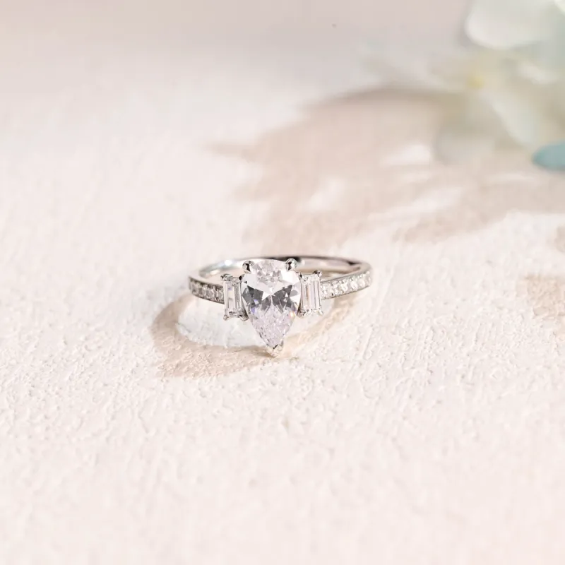 Solid Gold Pear Cut Moissanite Engagement Ring, Pave Three Stone Ring sold by Causyou