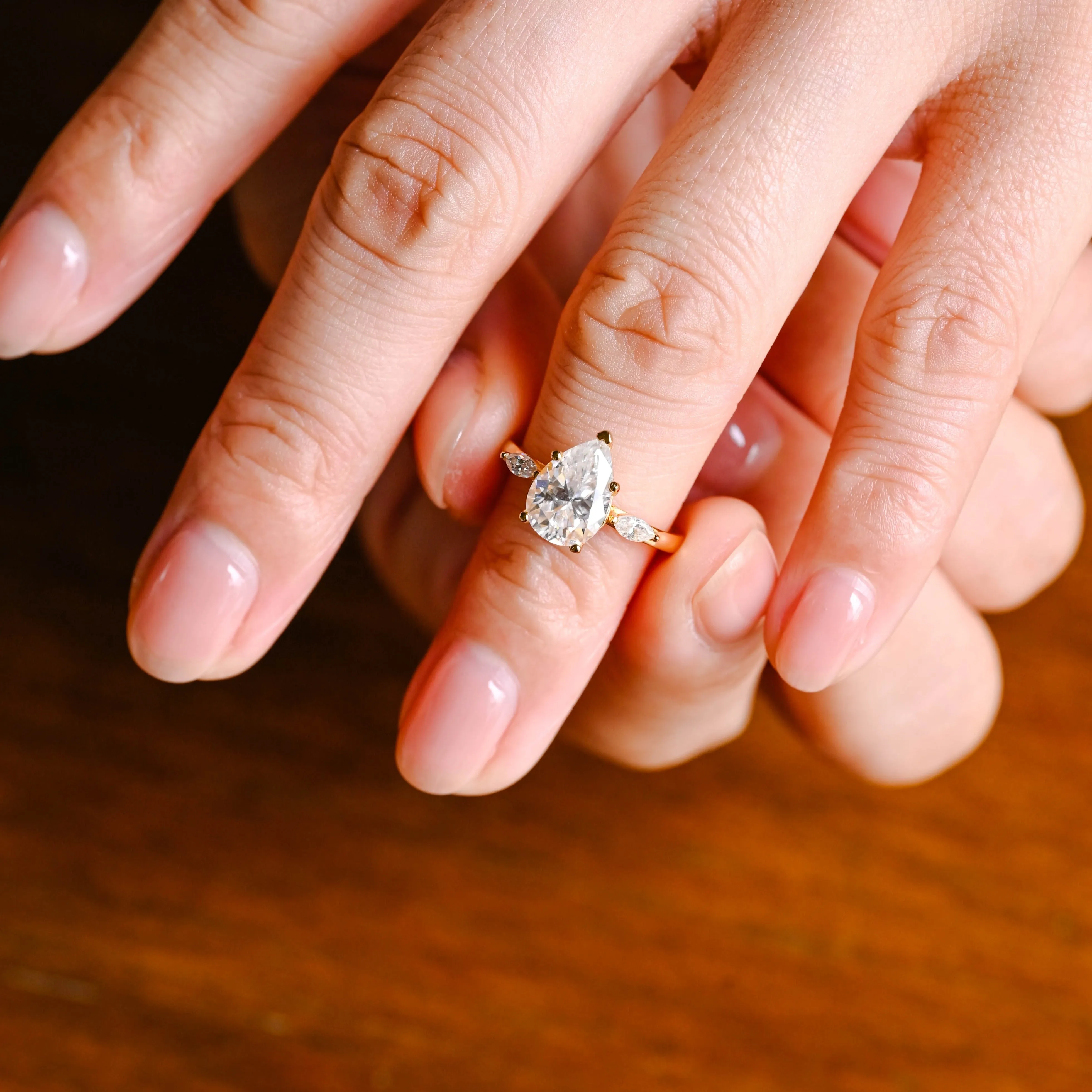 Solid Gold Pear Cut Moissanite Engagement Ring, Three Stone Ring sold by Causyou product image thumbnail 2