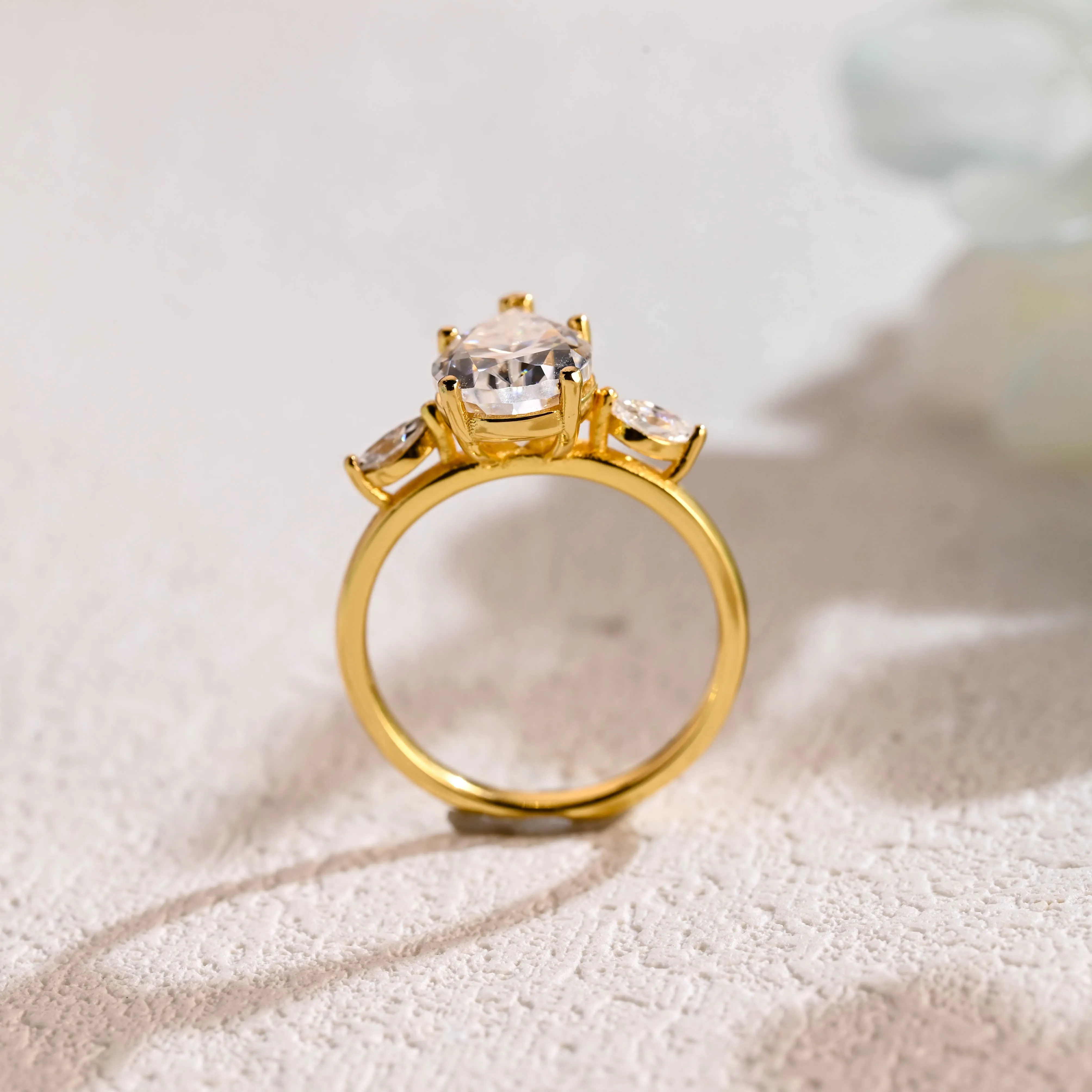 Solid Gold Pear Cut Moissanite Engagement Ring, Three Stone Ring sold by Causyou product image thumbnail 4