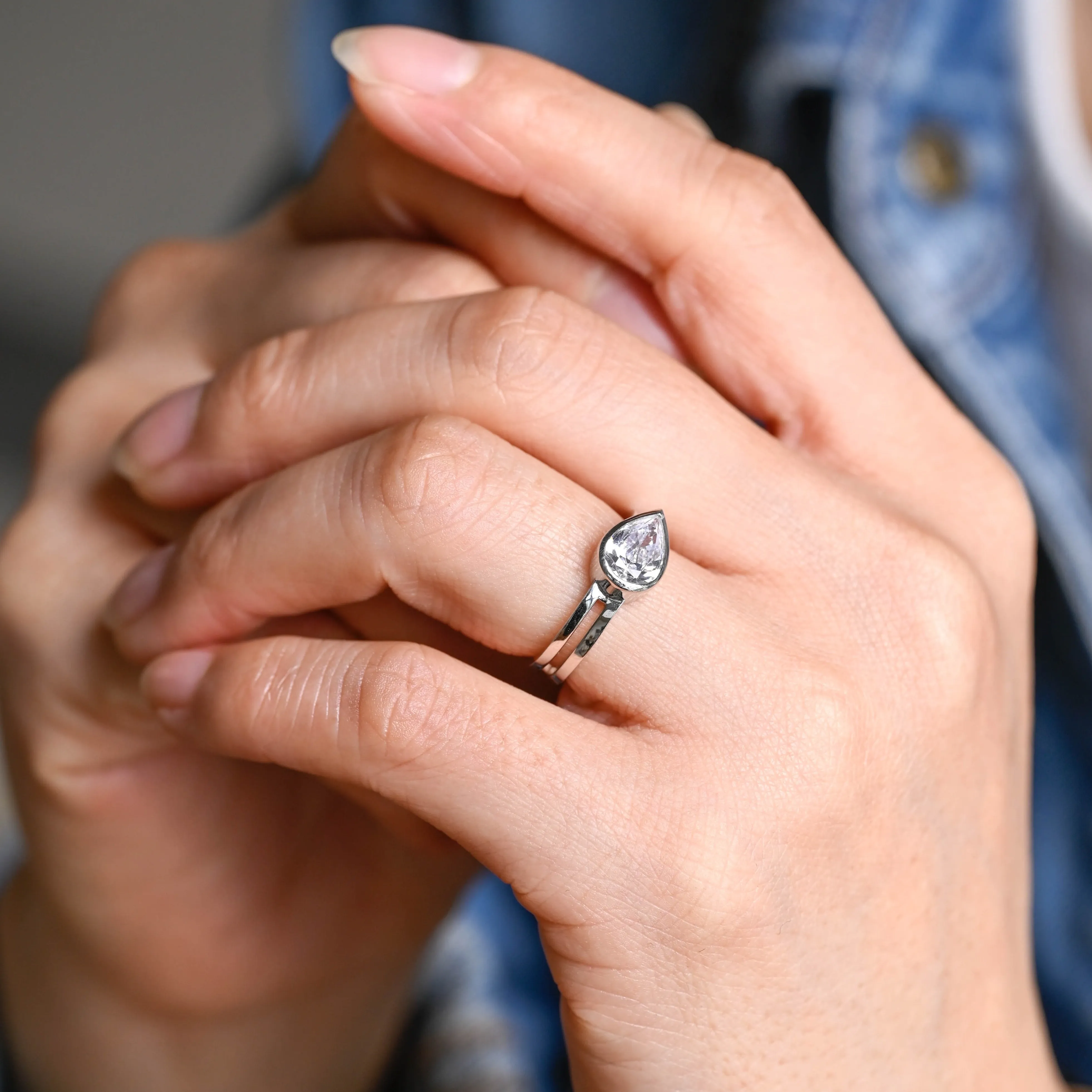 Solid Gold Double Band Pear Cut Moissanite Engagement Ring, Solitaire Ring sold by Causyou product image thumbnail 3