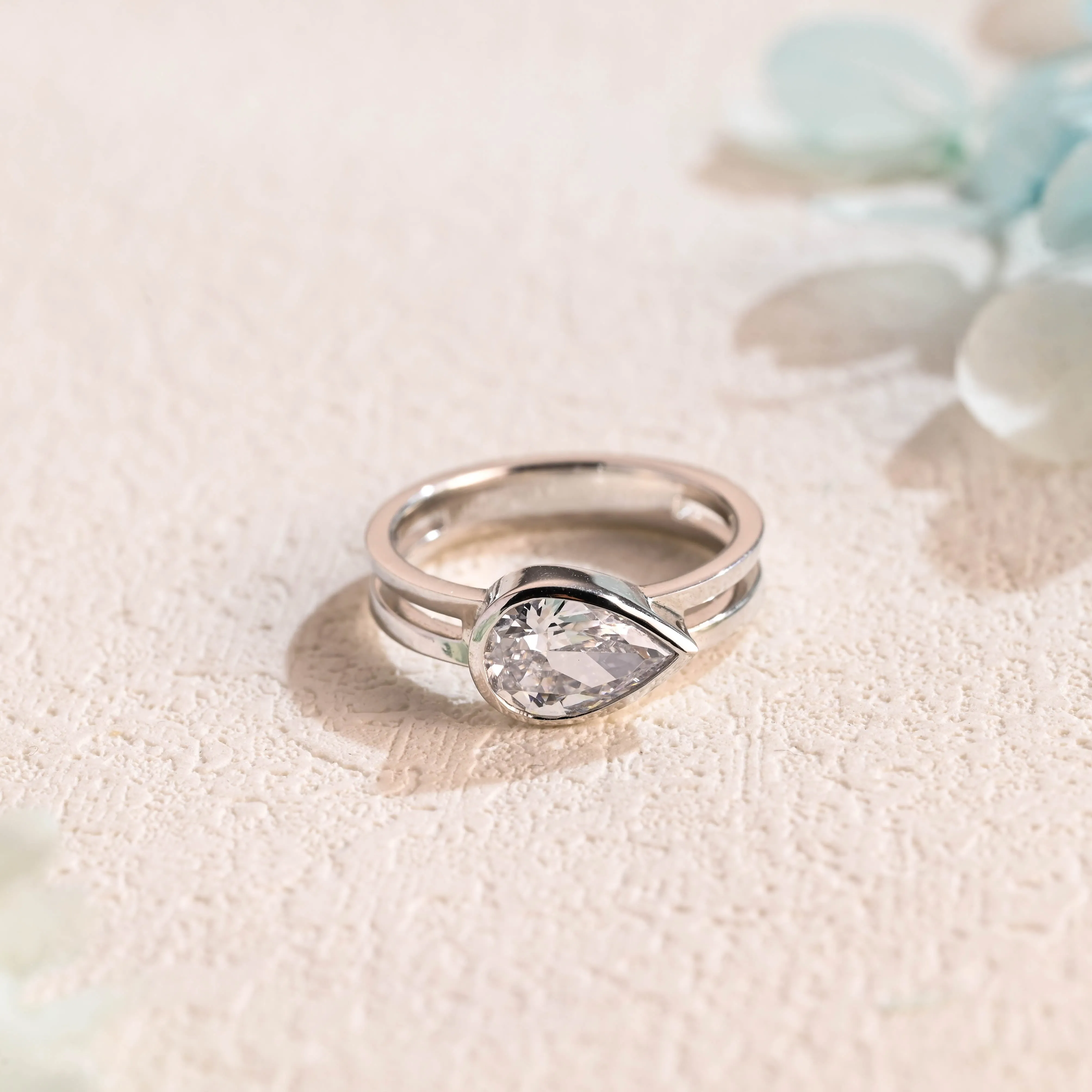 Solid Gold Double Band Pear Cut Moissanite Engagement Ring, Solitaire Ring sold by Causyou