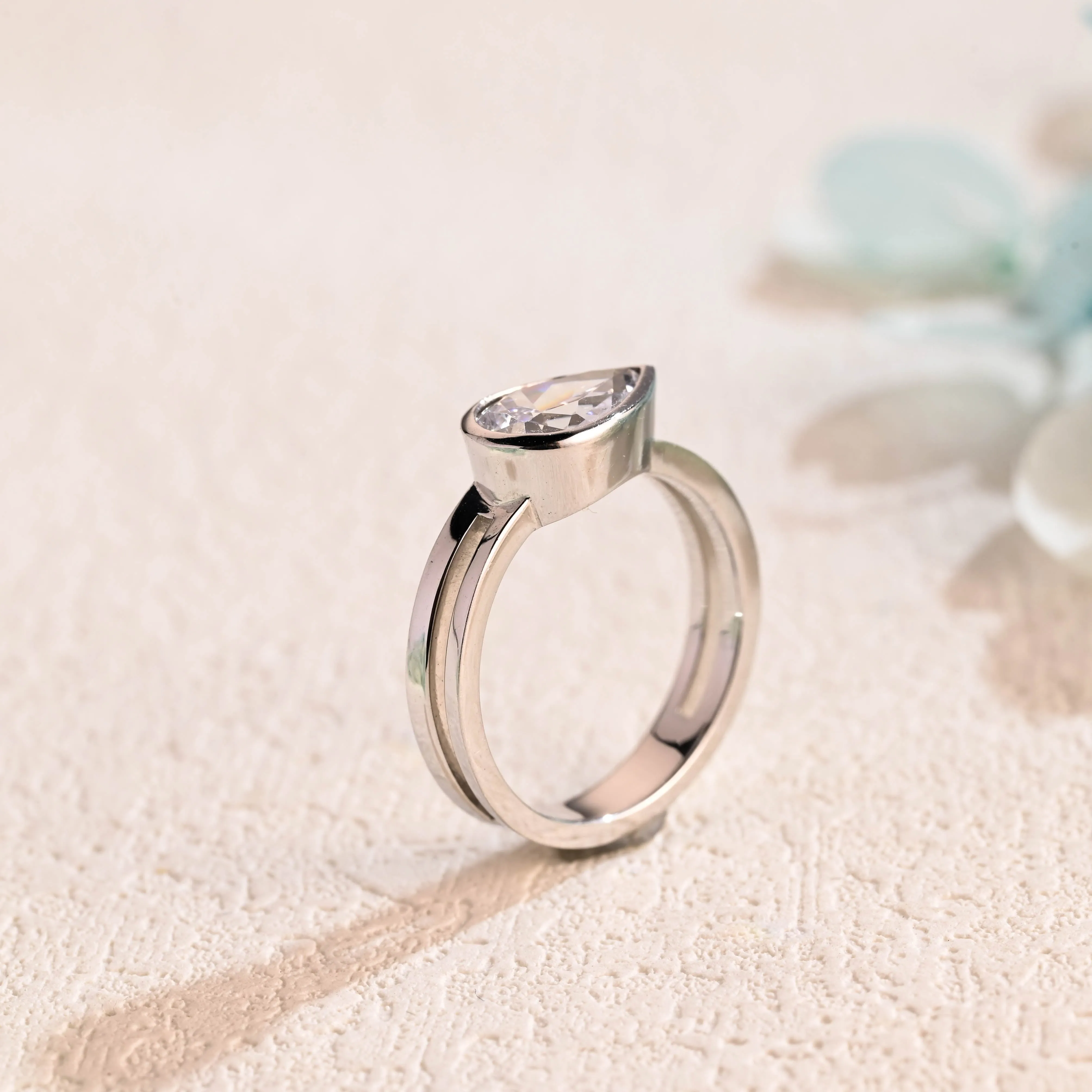 Solid Gold Double Band Pear Cut Moissanite Engagement Ring, Solitaire Ring sold by Causyou product image thumbnail 5