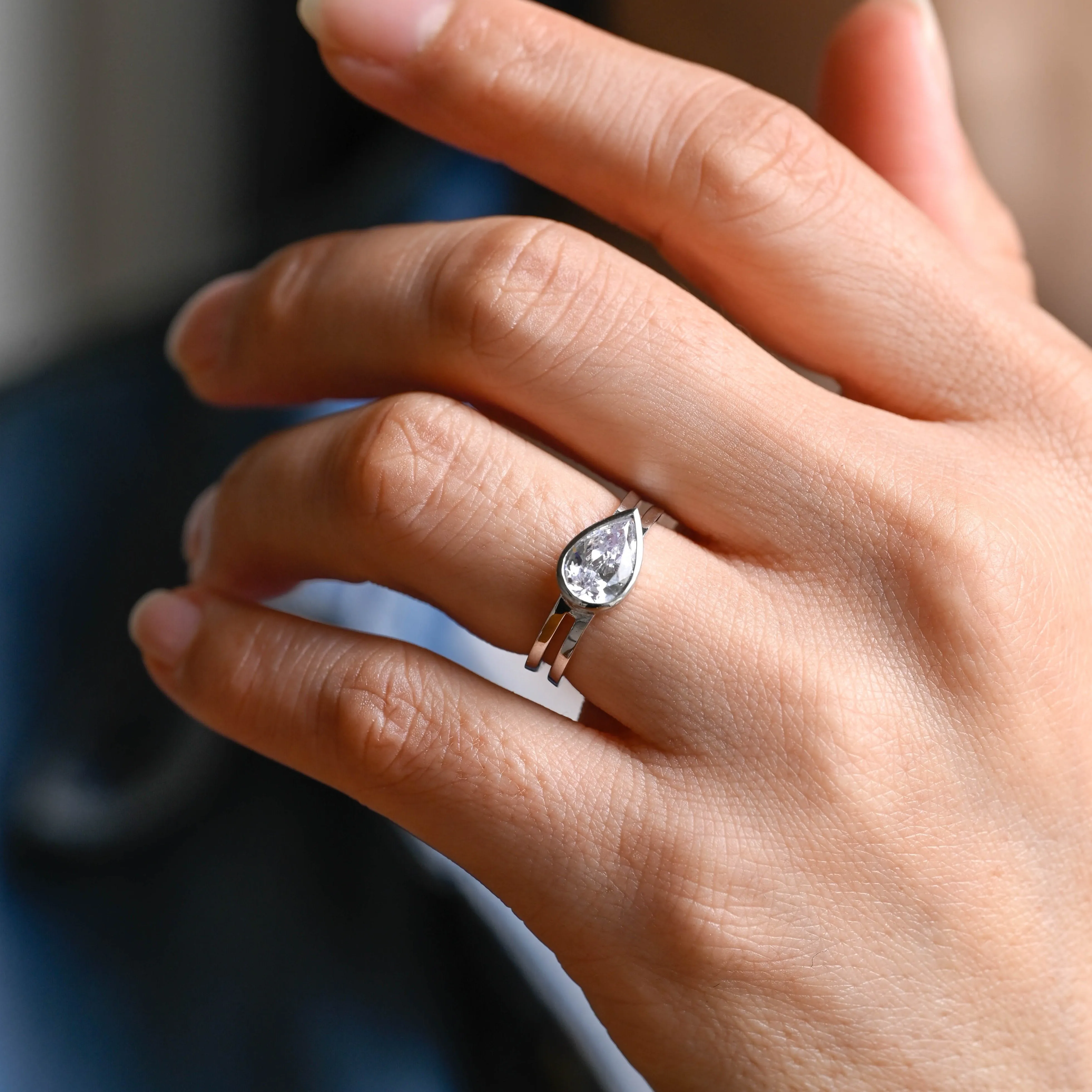 Solid Gold Double Band Pear Cut Moissanite Engagement Ring, Solitaire Ring sold by Causyou product image thumbnail 2