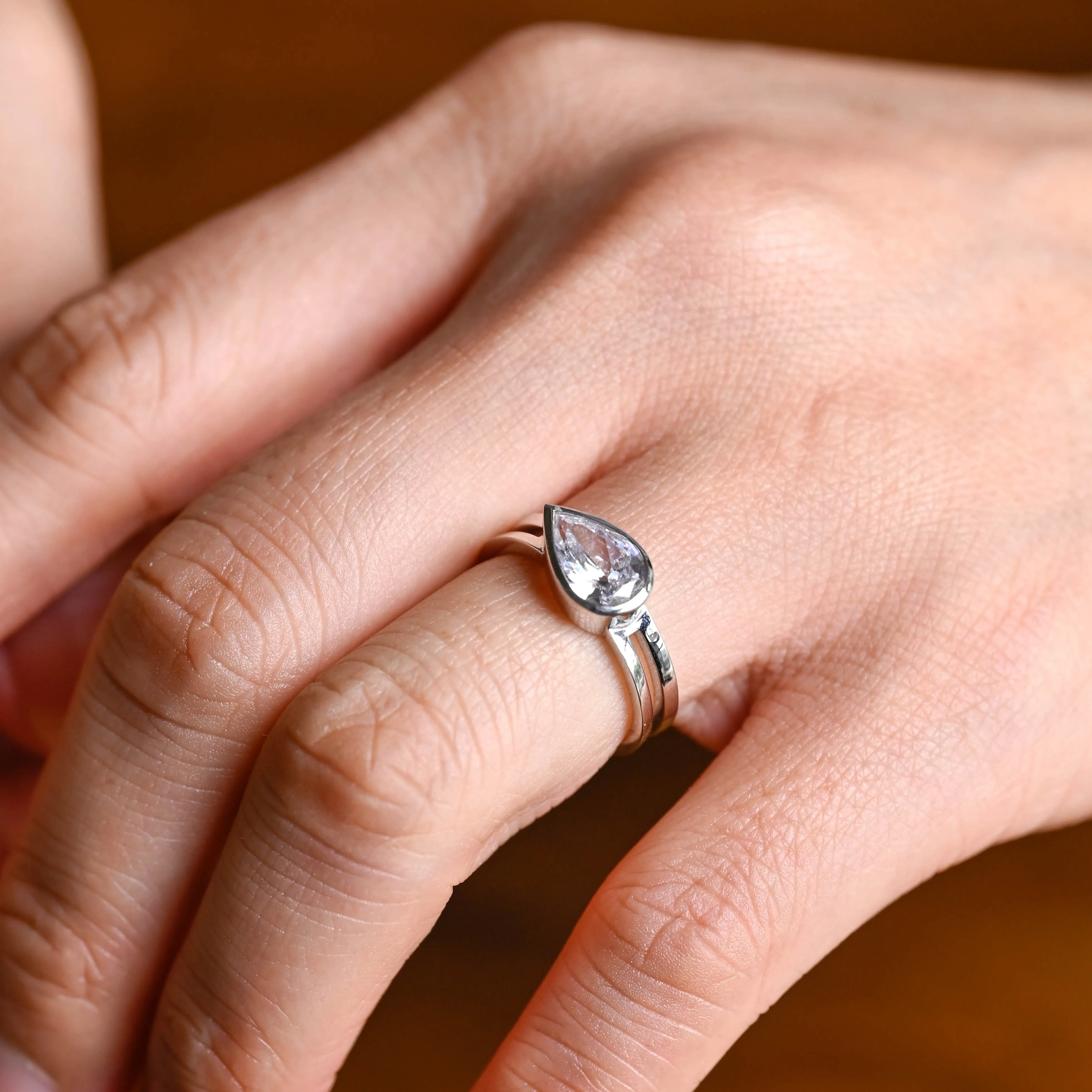 Solid Gold Double Band Pear Cut Moissanite Engagement Ring, Solitaire Ring sold by Causyou product image thumbnail 4