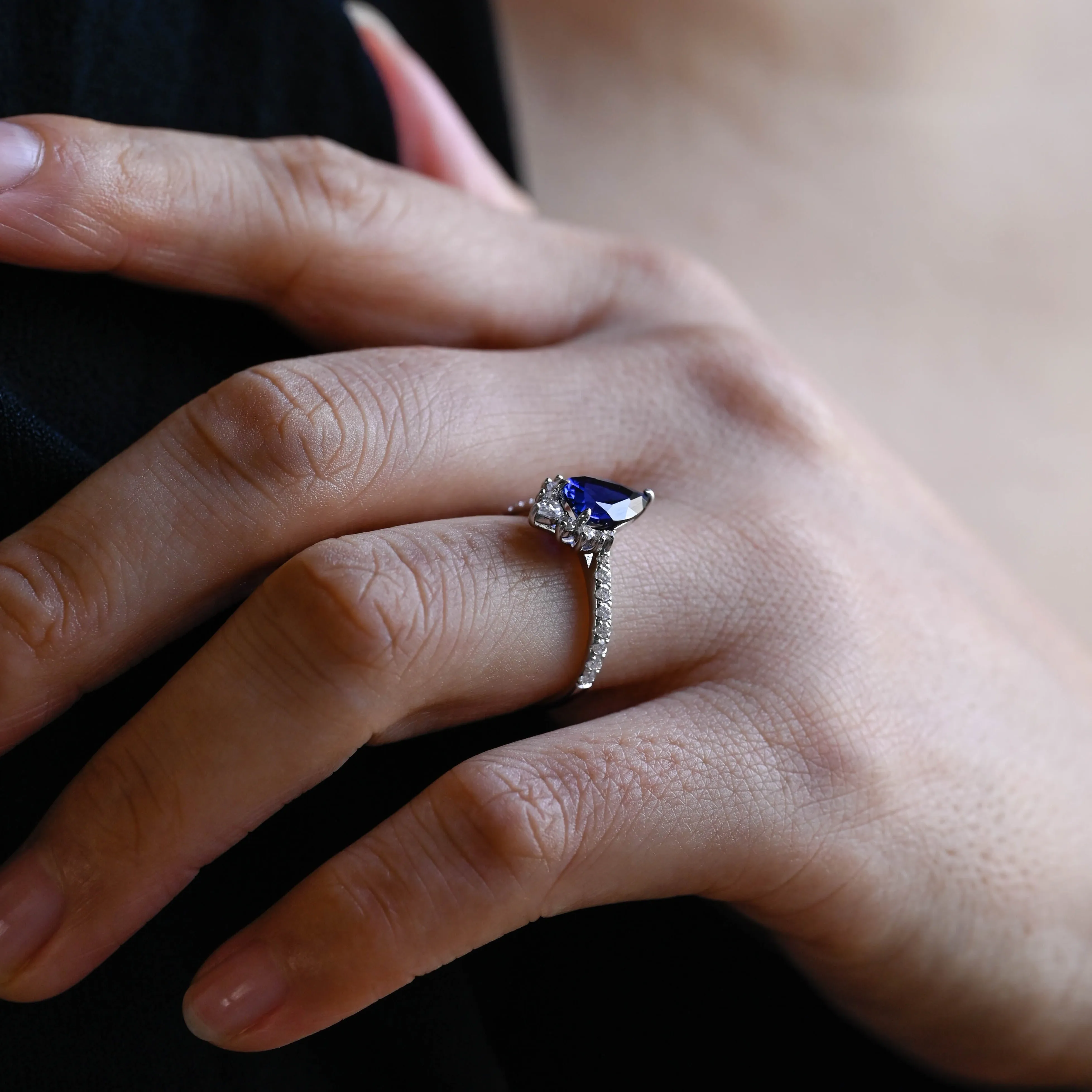 Solid Gold Pear Cut Lab Sapphire Engagement Ring, Blue Sapphire Ring sold by Causyou product image thumbnail 4