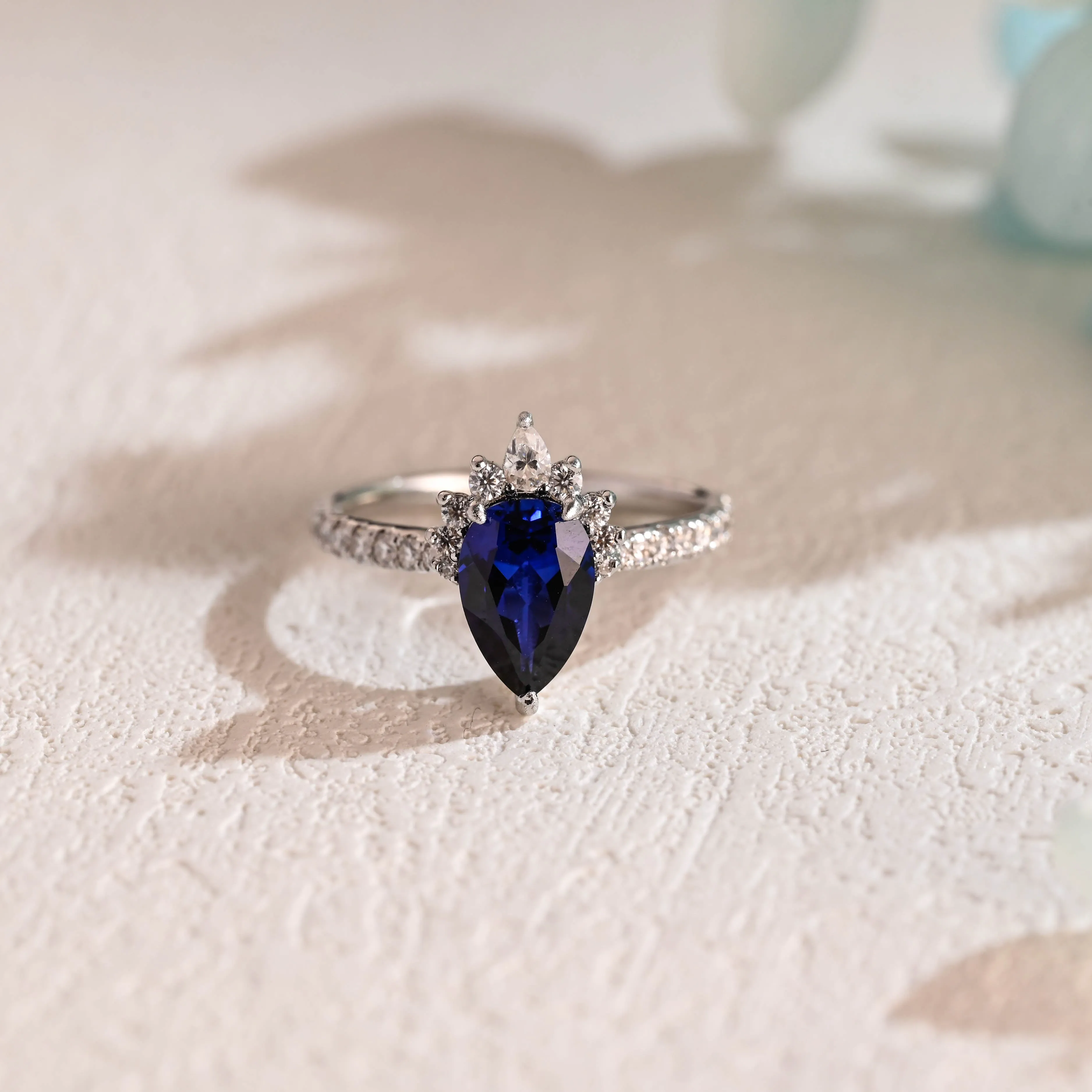 Solid Gold Pear Cut Lab Sapphire Engagement Ring, Blue Sapphire Ring sold by Causyou